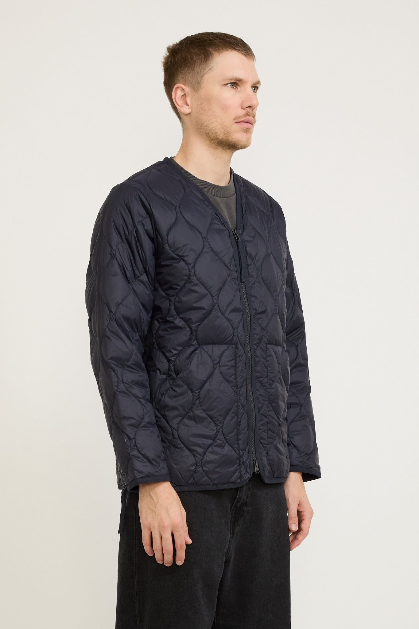 Military Zip V Neck Soft Shell Down Jacket Dark Navy