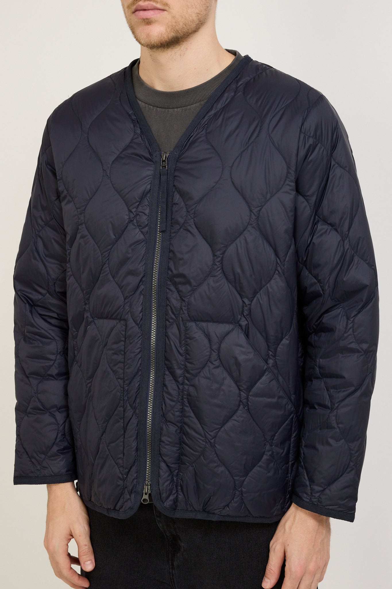 Military Zip V Neck Soft Shell Down Jacket Dark Navy