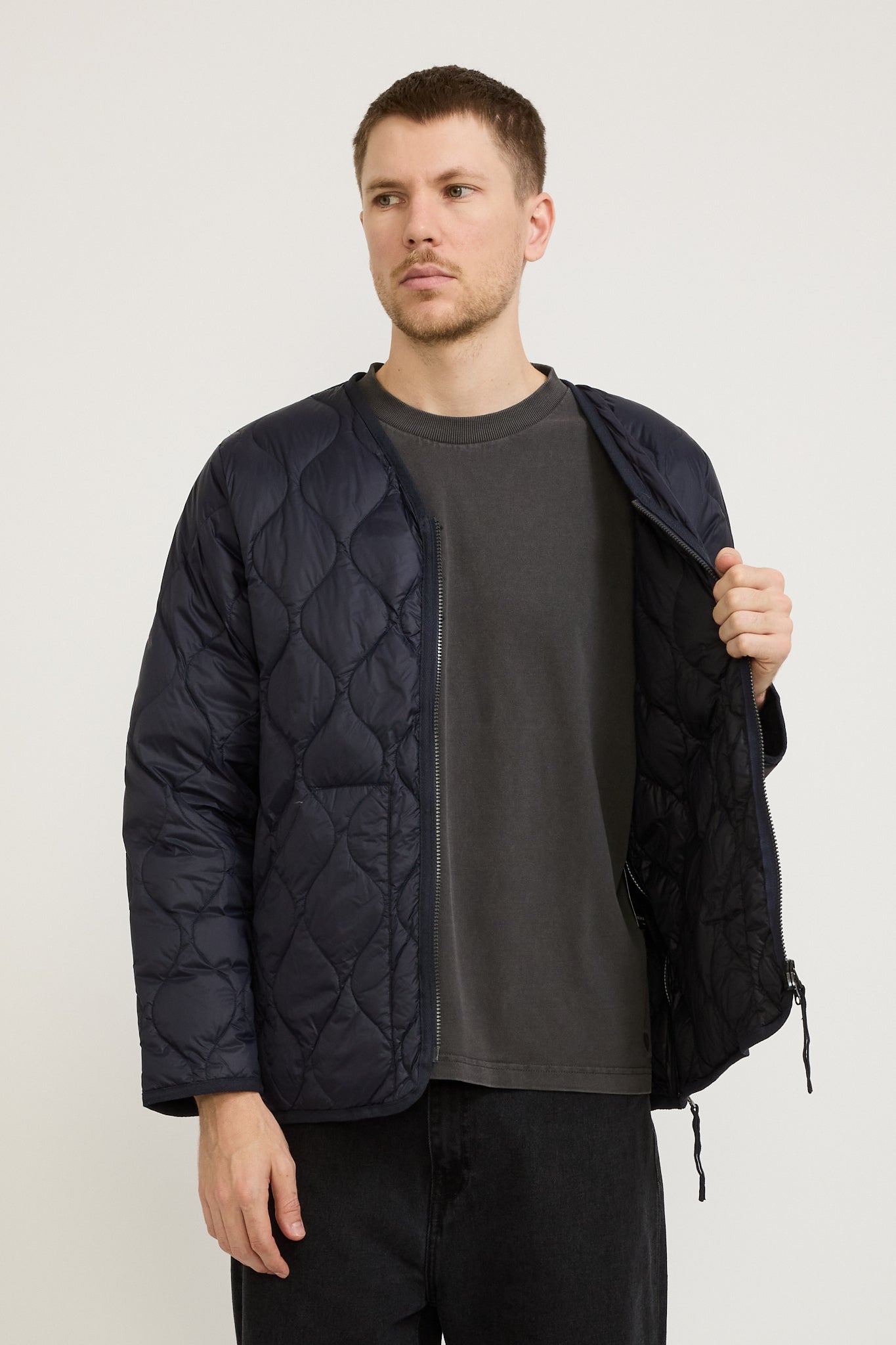 Military Zip V Neck Soft Shell Down Jacket Dark Navy