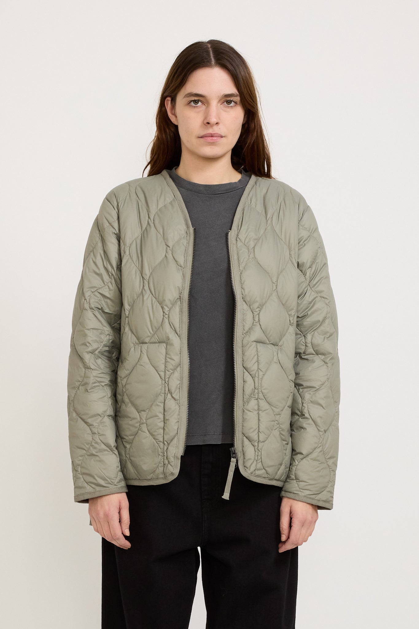 Taion | Military Zip V Neck Soft Shell Down Jacket Dark Sage Green Womens | Maplestore