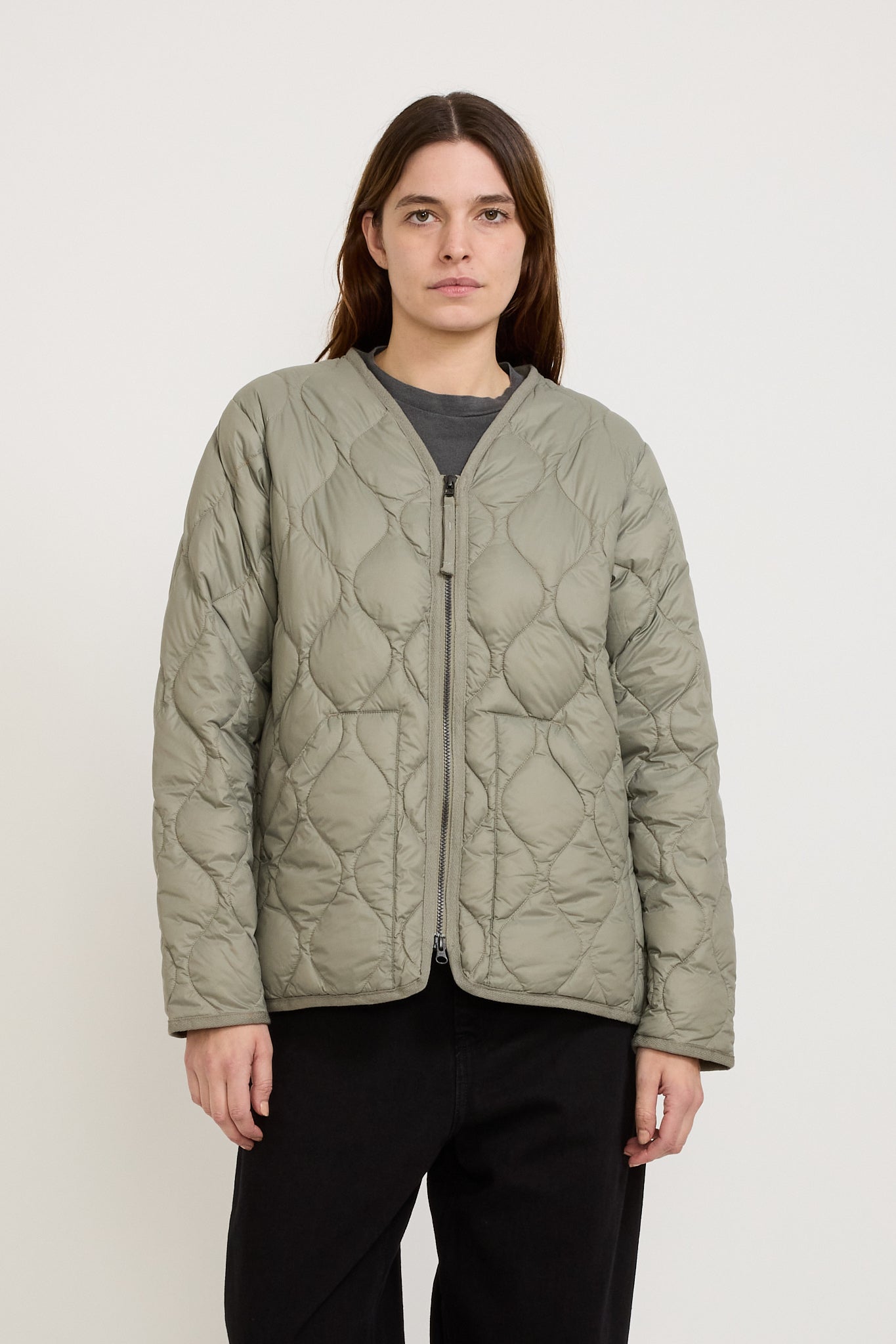 Taion | Military Zip V Neck Soft Shell Down Jacket Dark Sage Green Womens | Maplestore