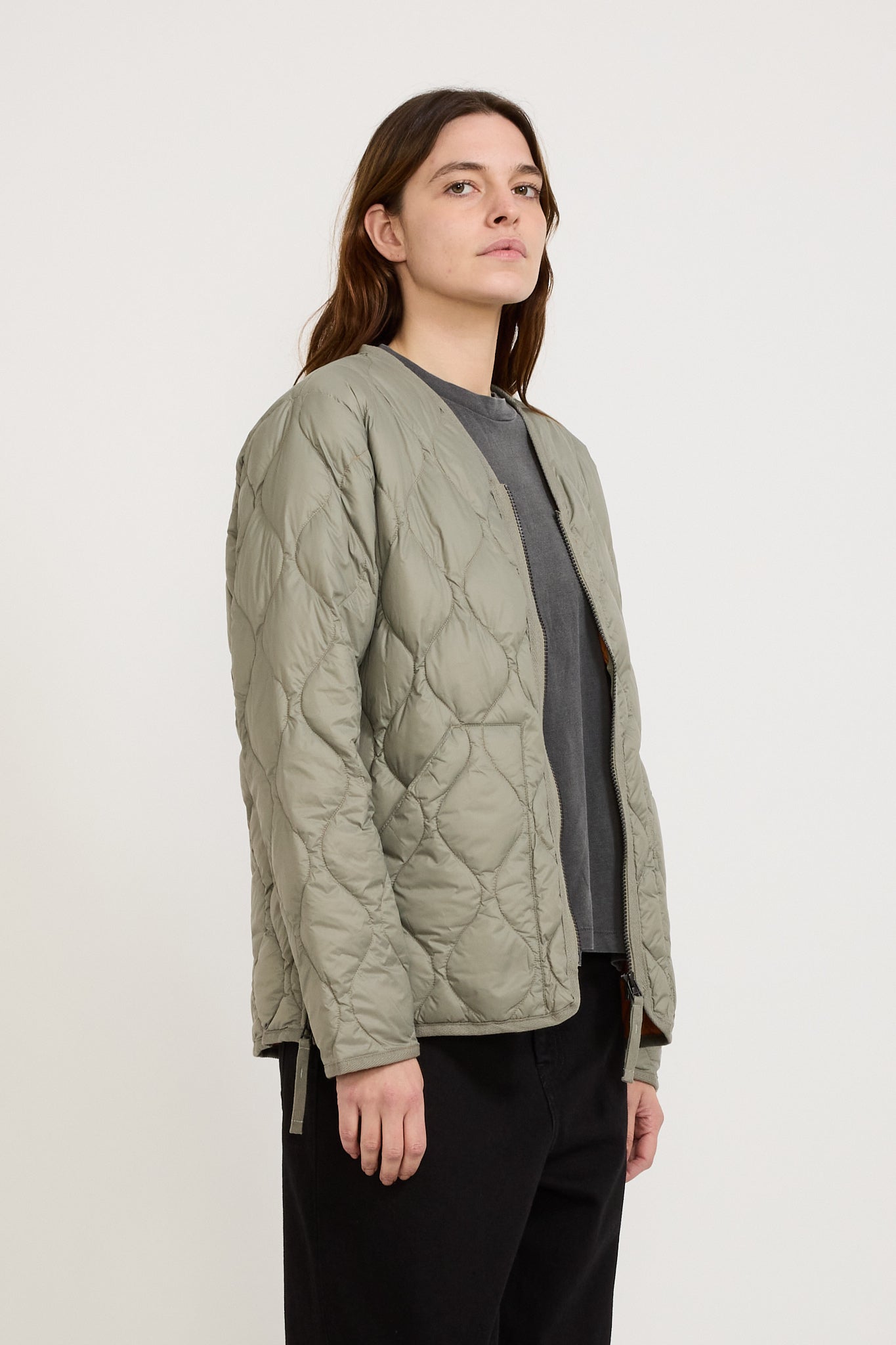 Taion | Military Zip V Neck Soft Shell Down Jacket Dark Sage Green Womens | Maplestore