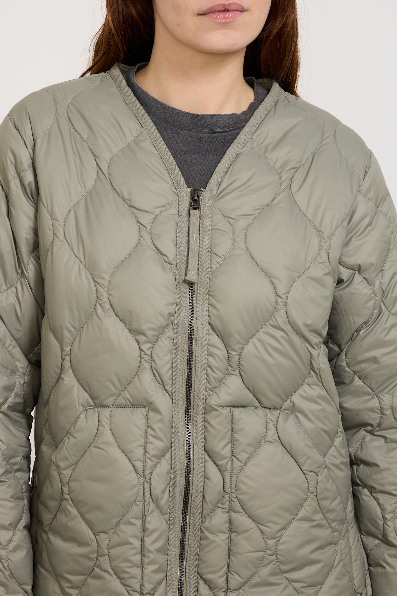 Taion | Military Zip V Neck Soft Shell Down Jacket Dark Sage Green Womens | Maplestore