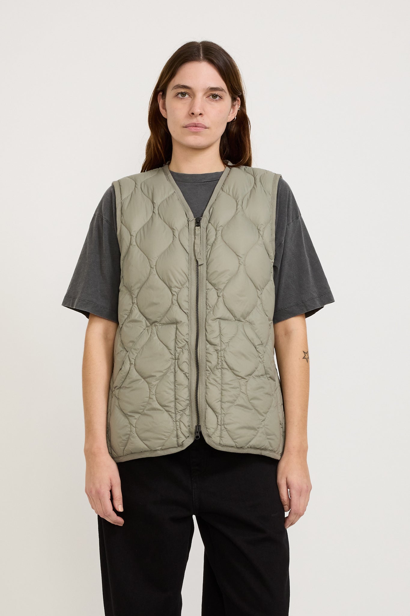 Taion | Military Zip V Neck Soft Shell Down Vest Dark Sage Green Womens | Maplestore