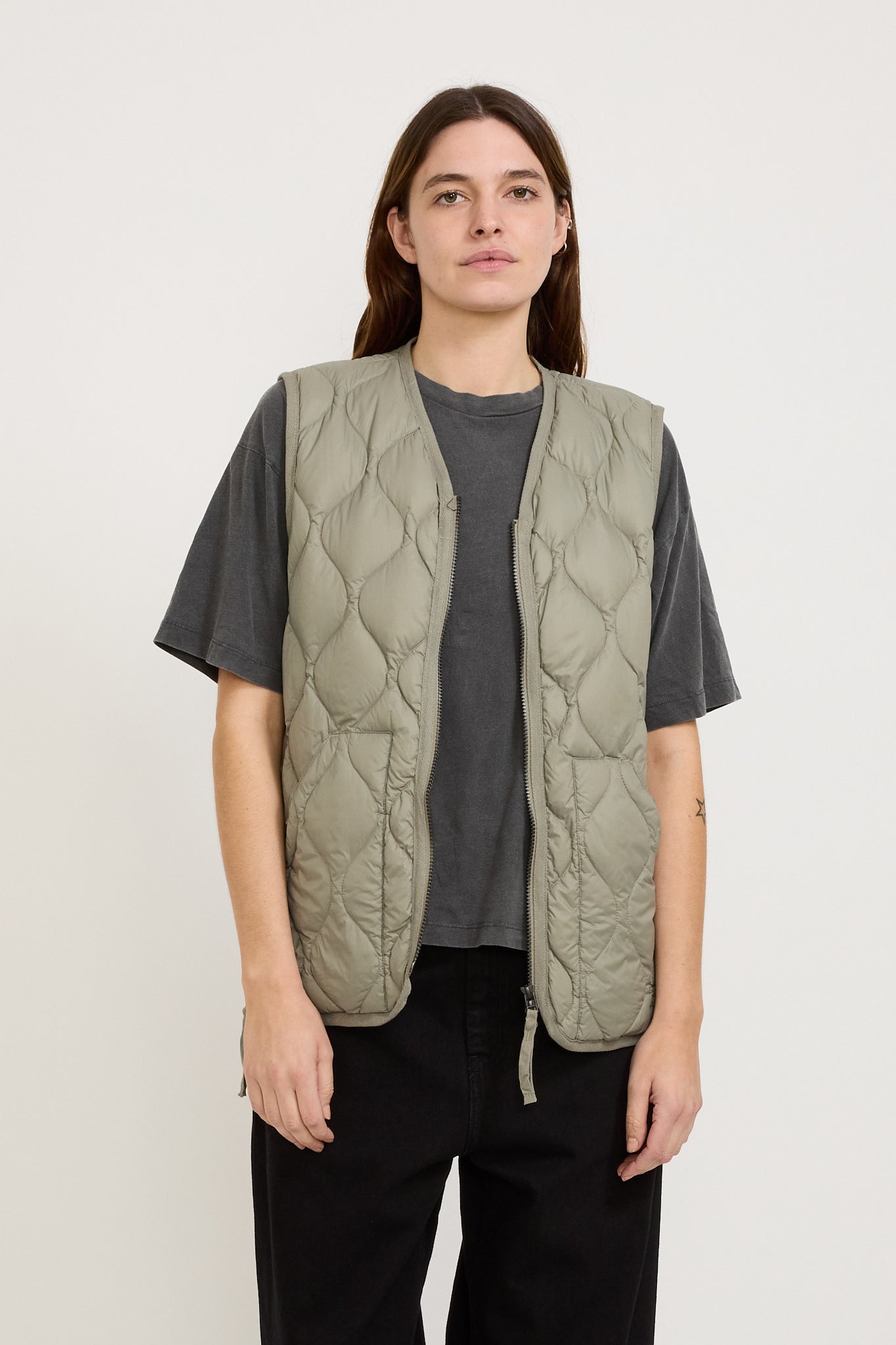 Taion | Military Zip V Neck Soft Shell Down Vest Dark Sage Green Womens | Maplestore