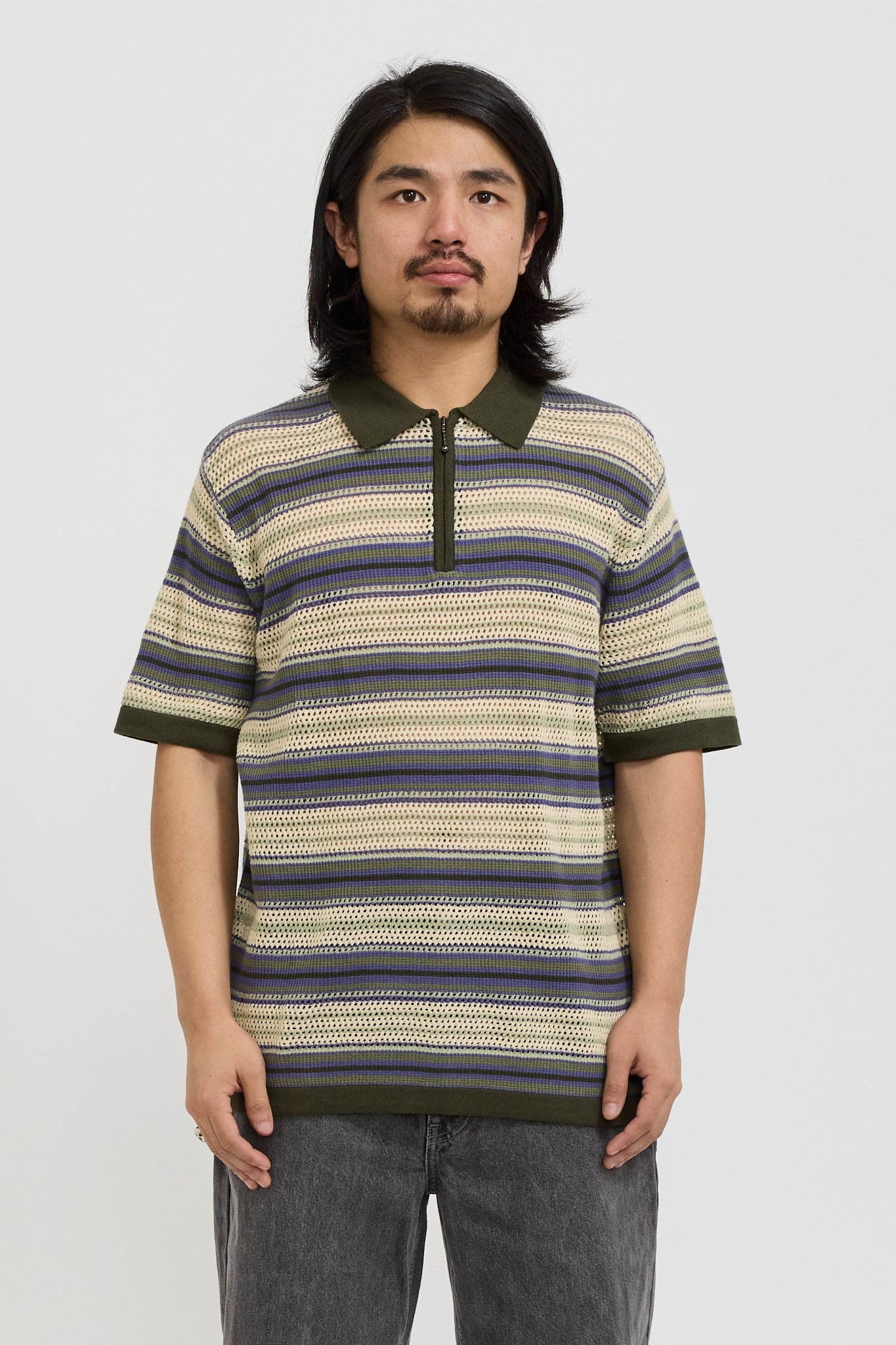 Stripe S/S Knit Polo Ivory