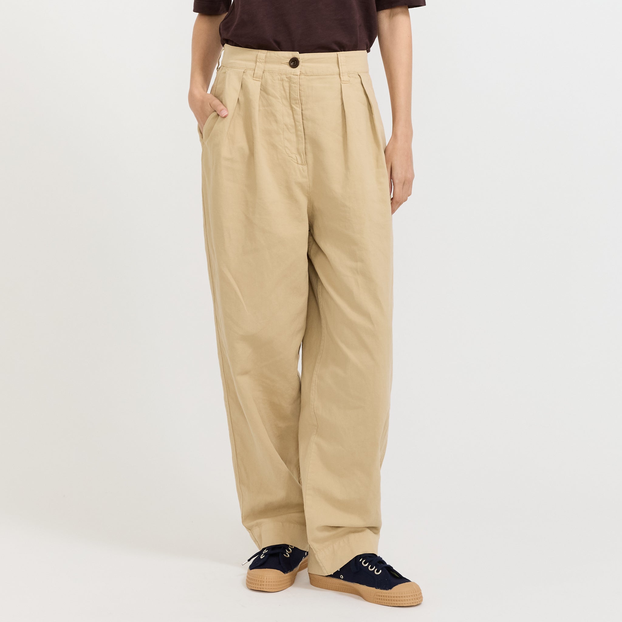 Cotton Linen Pleat Front Trousers Whey