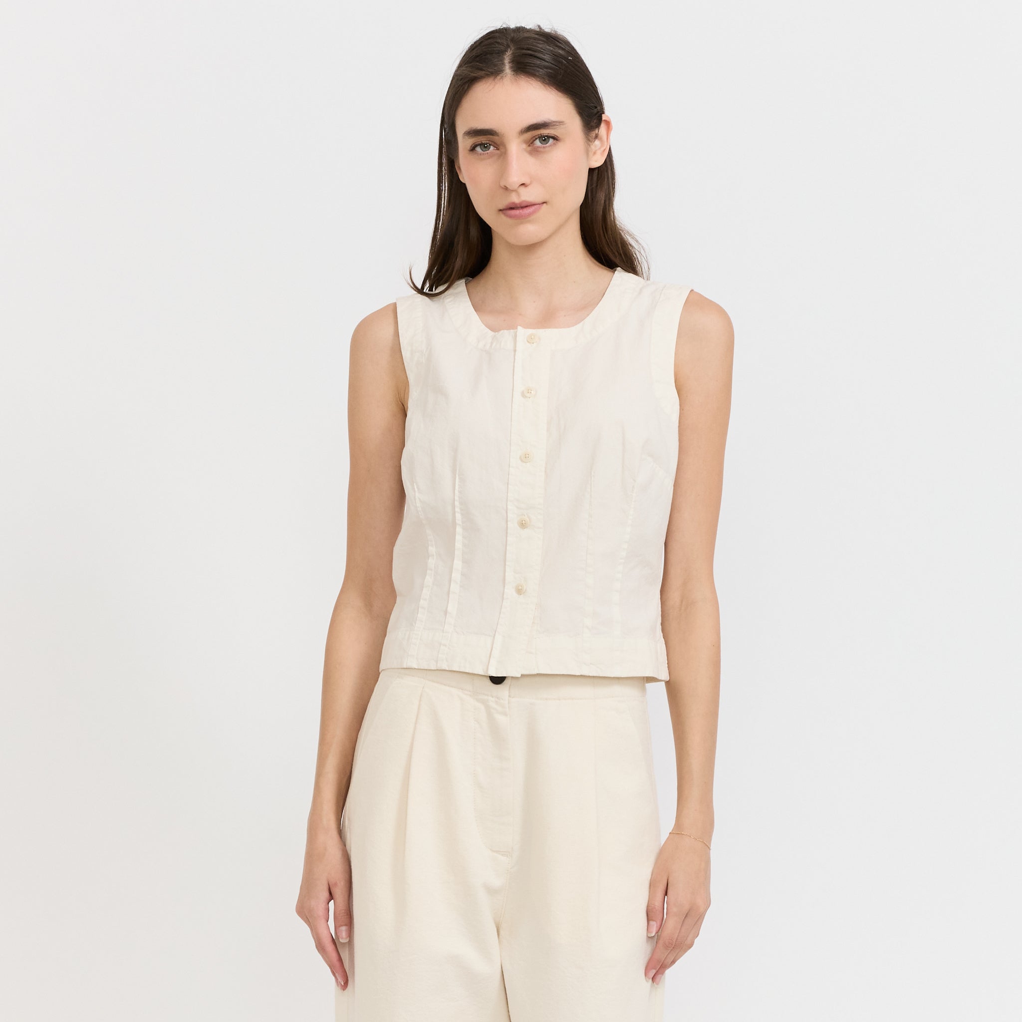 Cotton Linen Poplin Sleeveless Top Ecru