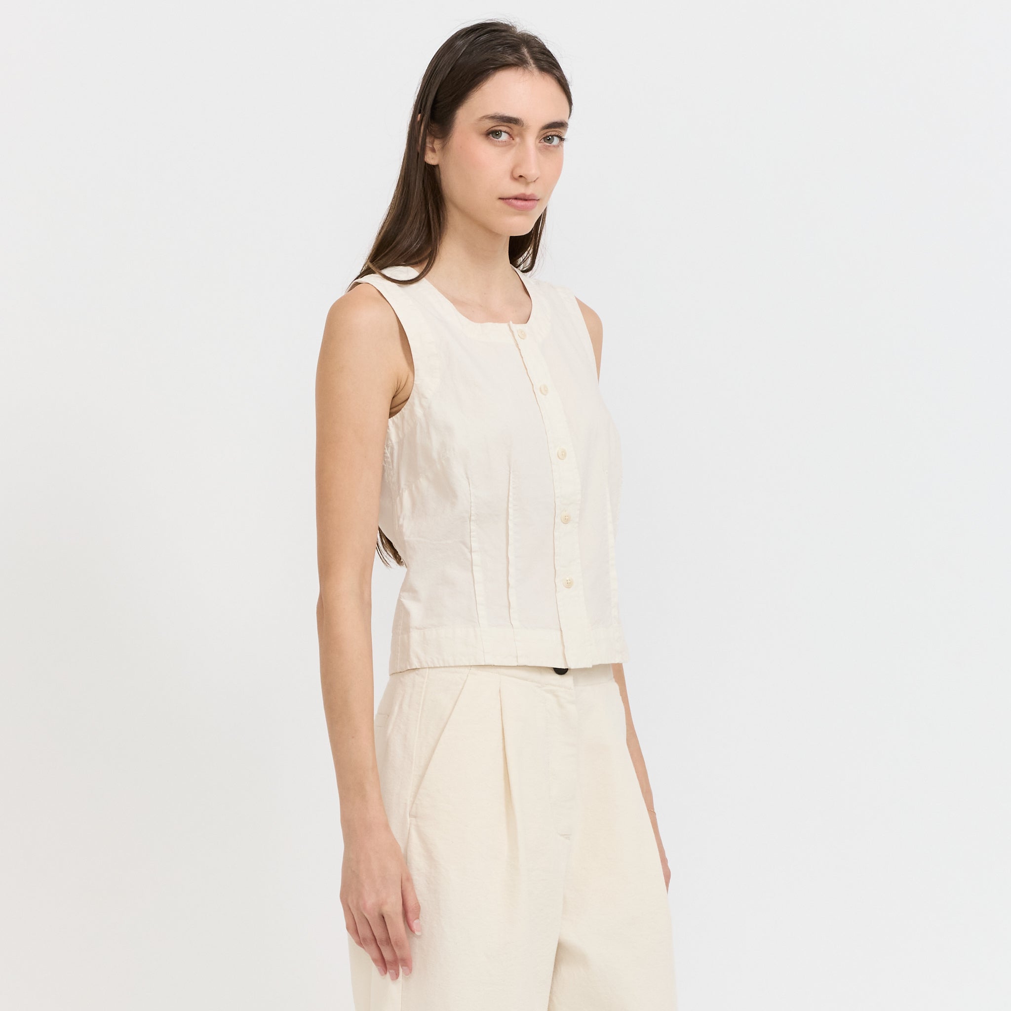 Cotton Linen Poplin Sleeveless Top Ecru