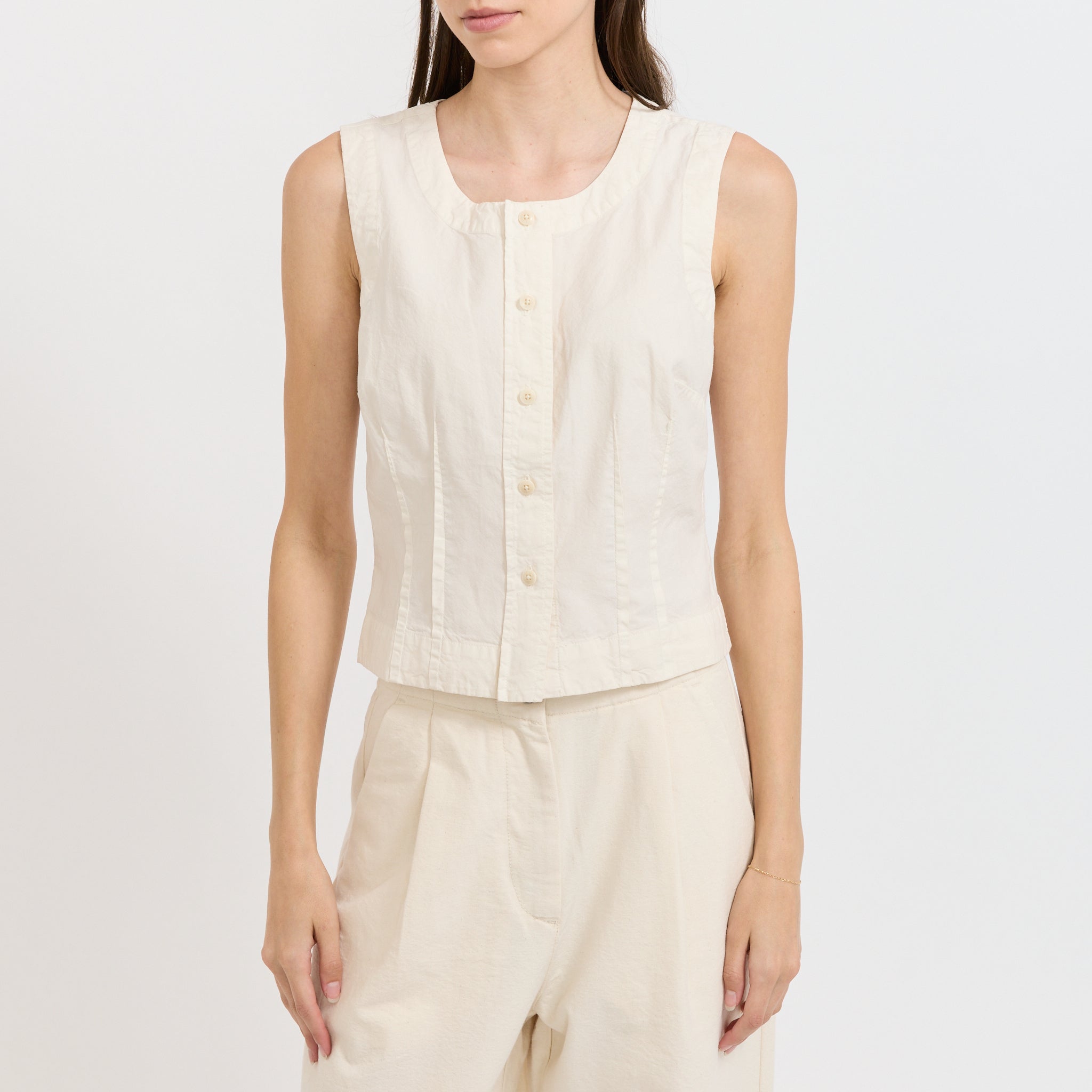Cotton Linen Poplin Sleeveless Top Ecru