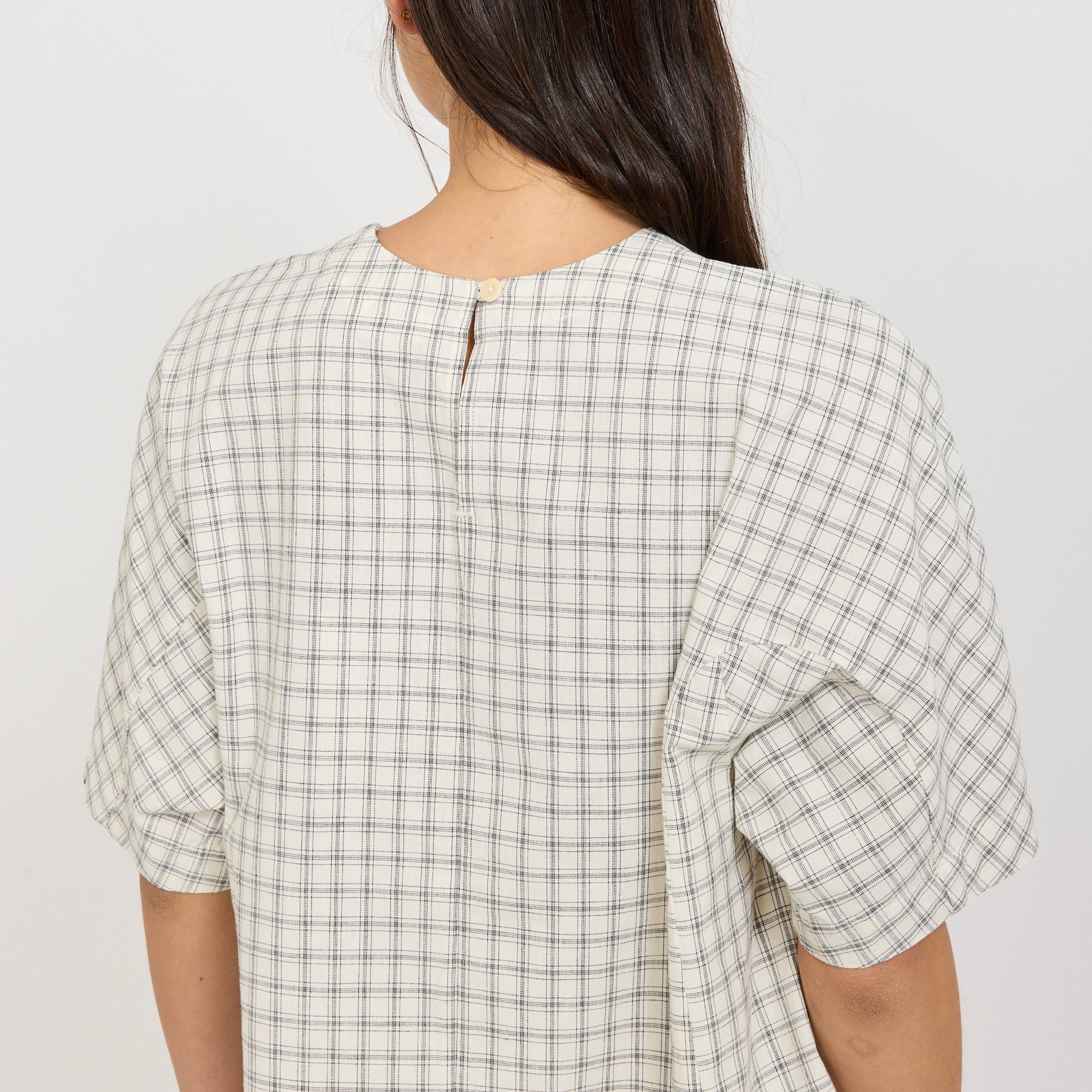 Cotton Window Pane Check V Neck Top Ecru/Slate