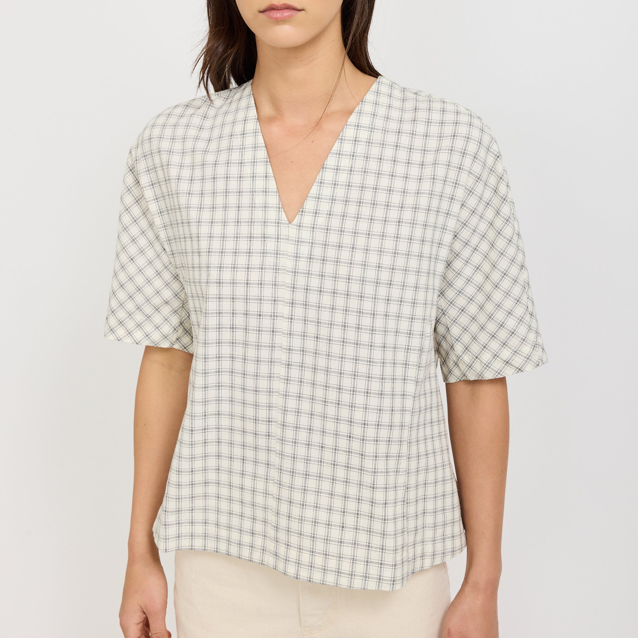Cotton Window Pane Check V Neck Top Ecru/Slate