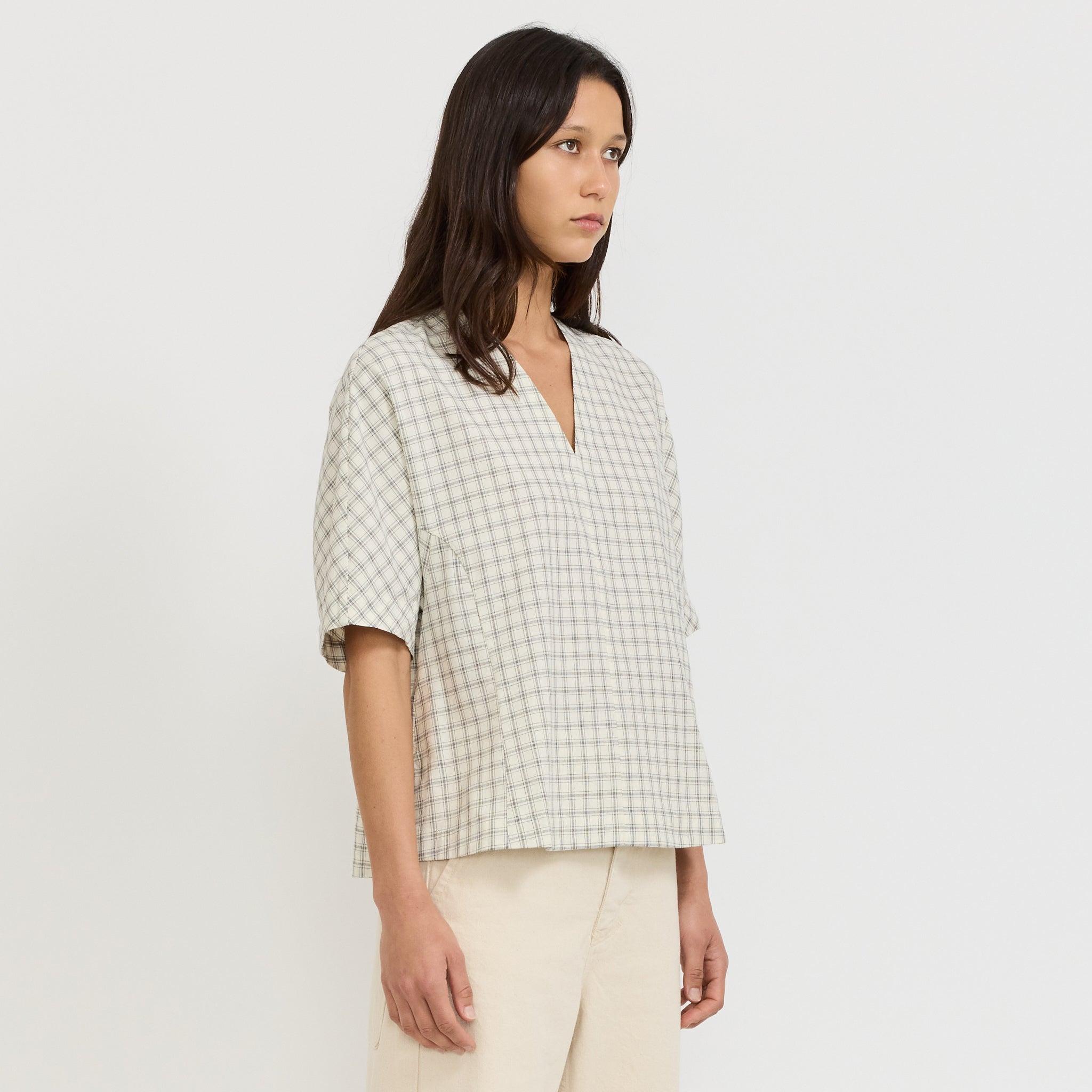 Cotton Window Pane Check V Neck Top Ecru/Slate