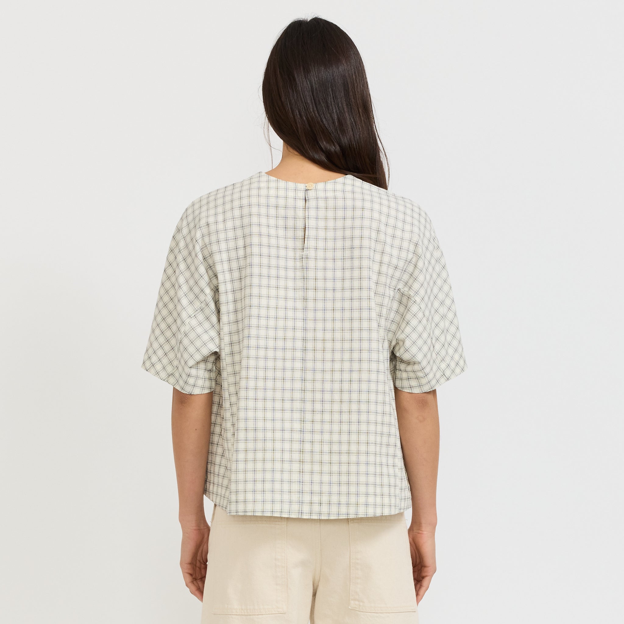 Cotton Window Pane Check V Neck Top Ecru/Slate