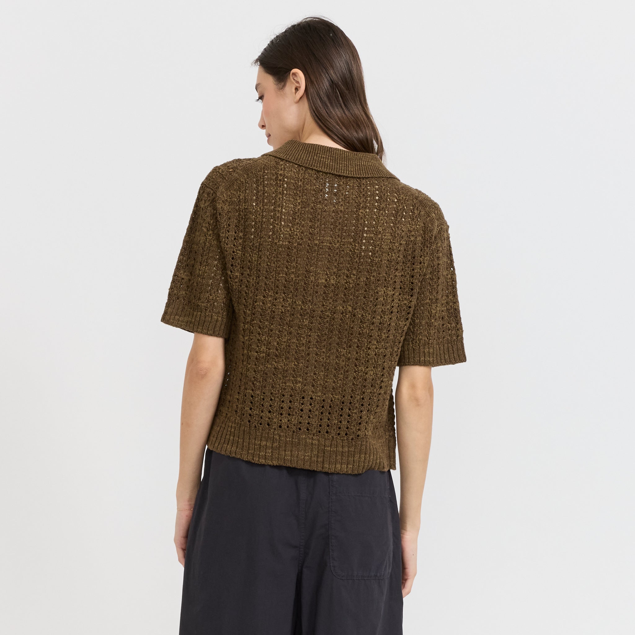 Open Stitch Knitted Linen Cotton Polo Bronze Green