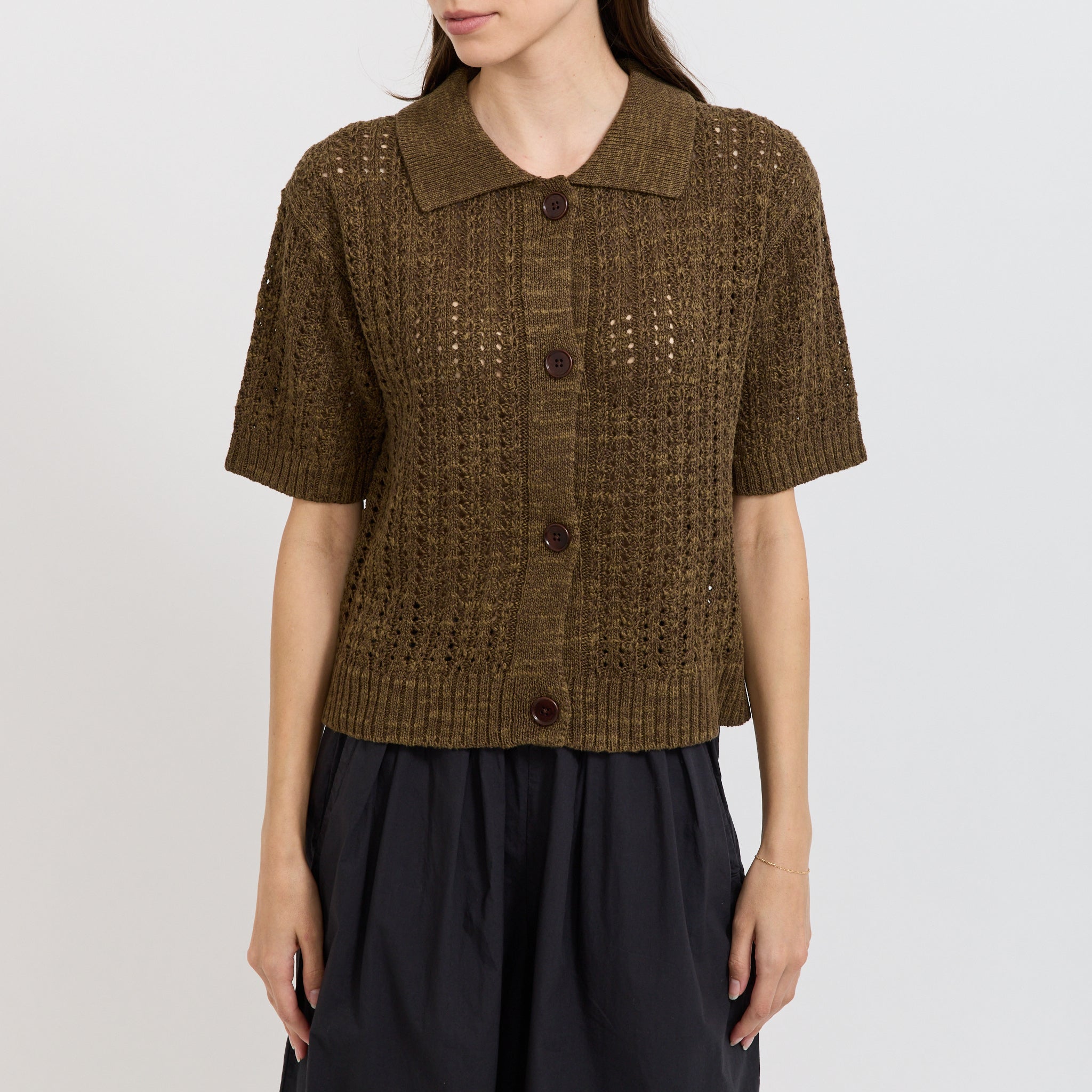 Open Stitch Knitted Linen Cotton Polo Bronze Green