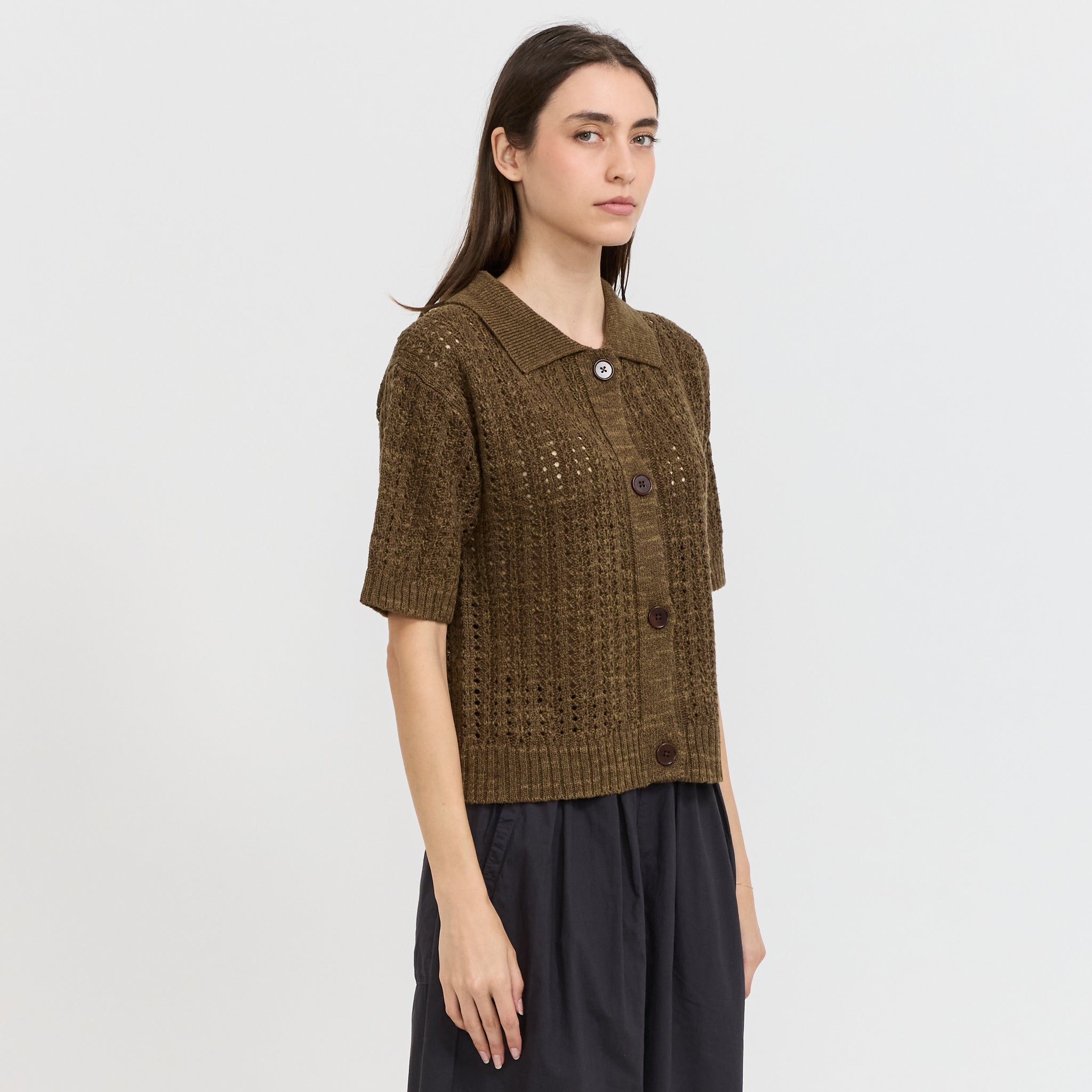 Open Stitch Knitted Linen Cotton Polo Bronze Green