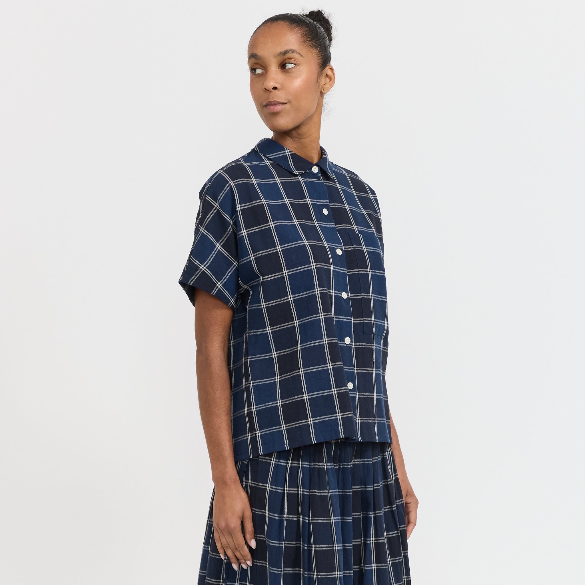 Toast | Market Check Cotton Linen Shirt Denim Blue | Maplestore