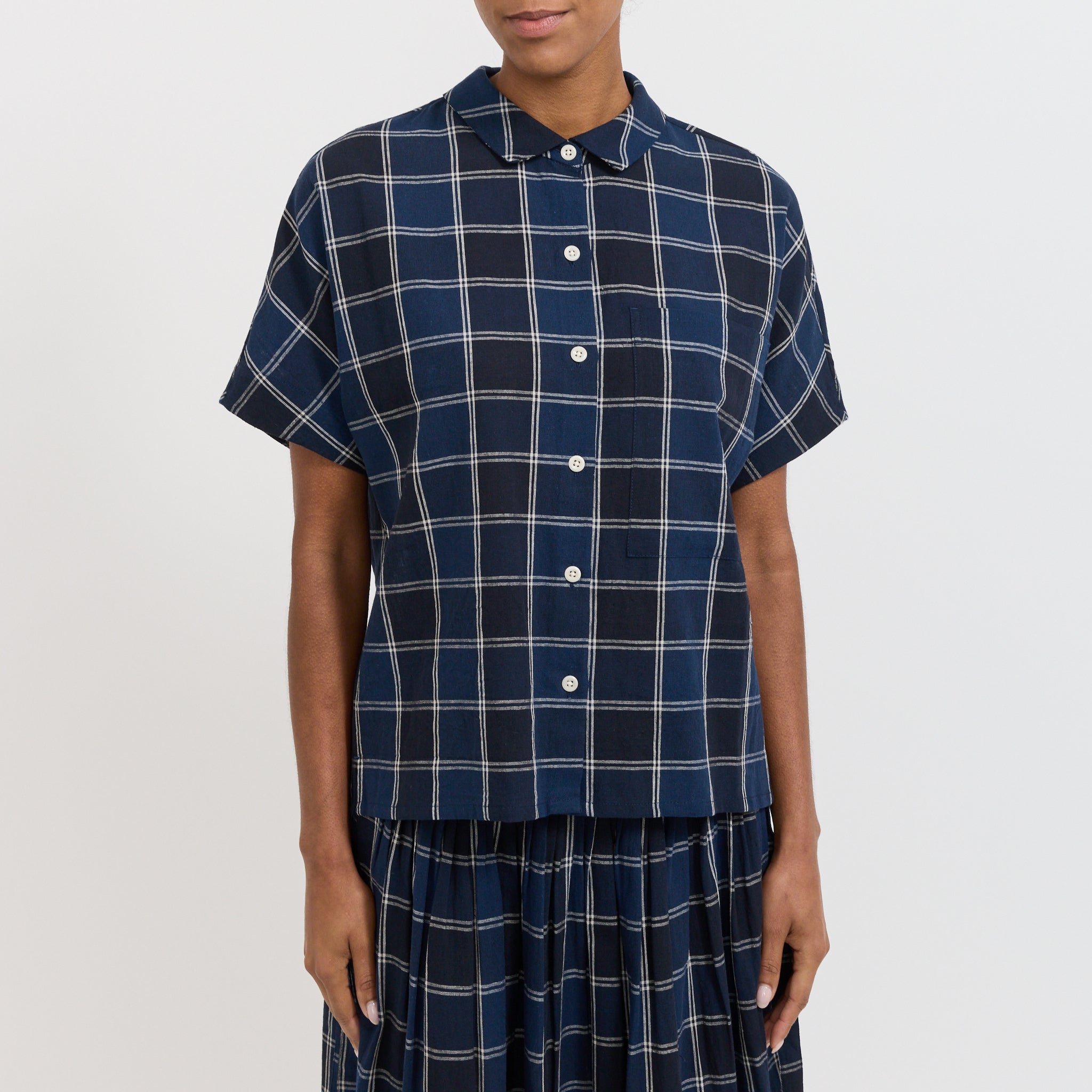 Toast | Market Check Cotton Linen Shirt Denim Blue | Maplestore