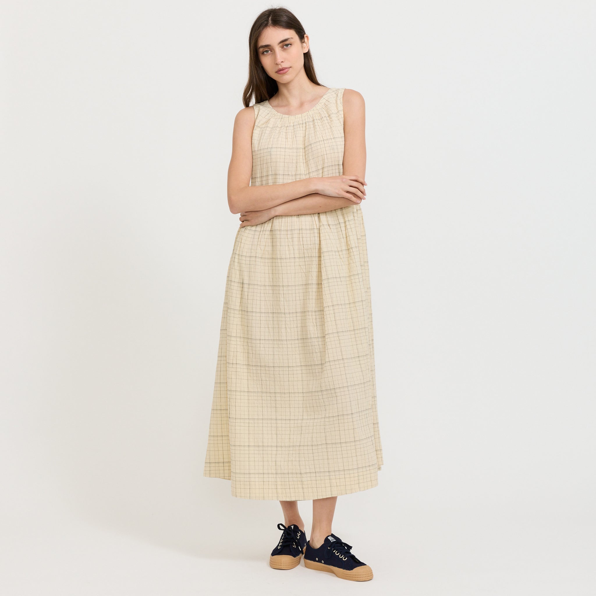 Page Check Cotton Sleeveless Dress Ecru/Black