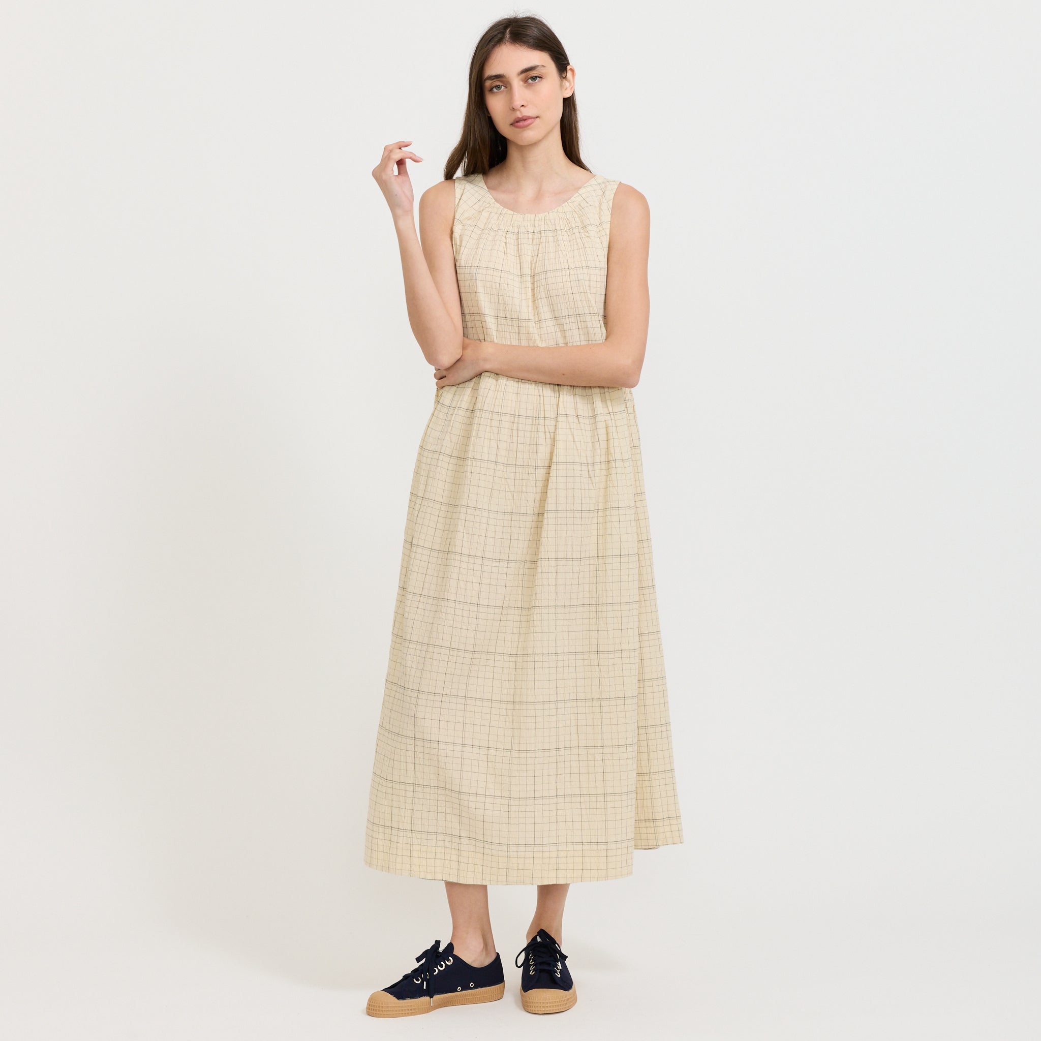 Page Check Cotton Sleeveless Dress Ecru/Black