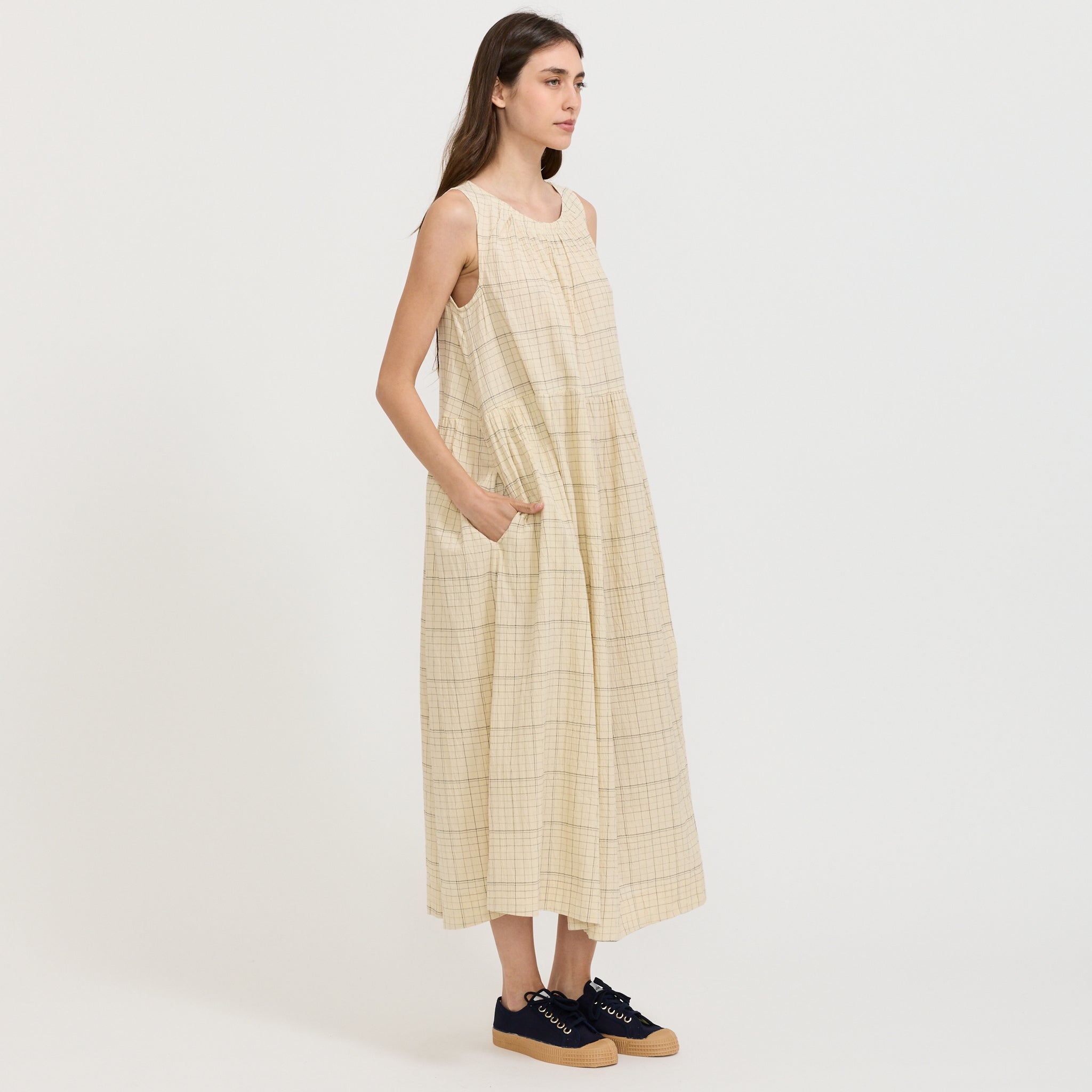 Page Check Cotton Sleeveless Dress Ecru/Black