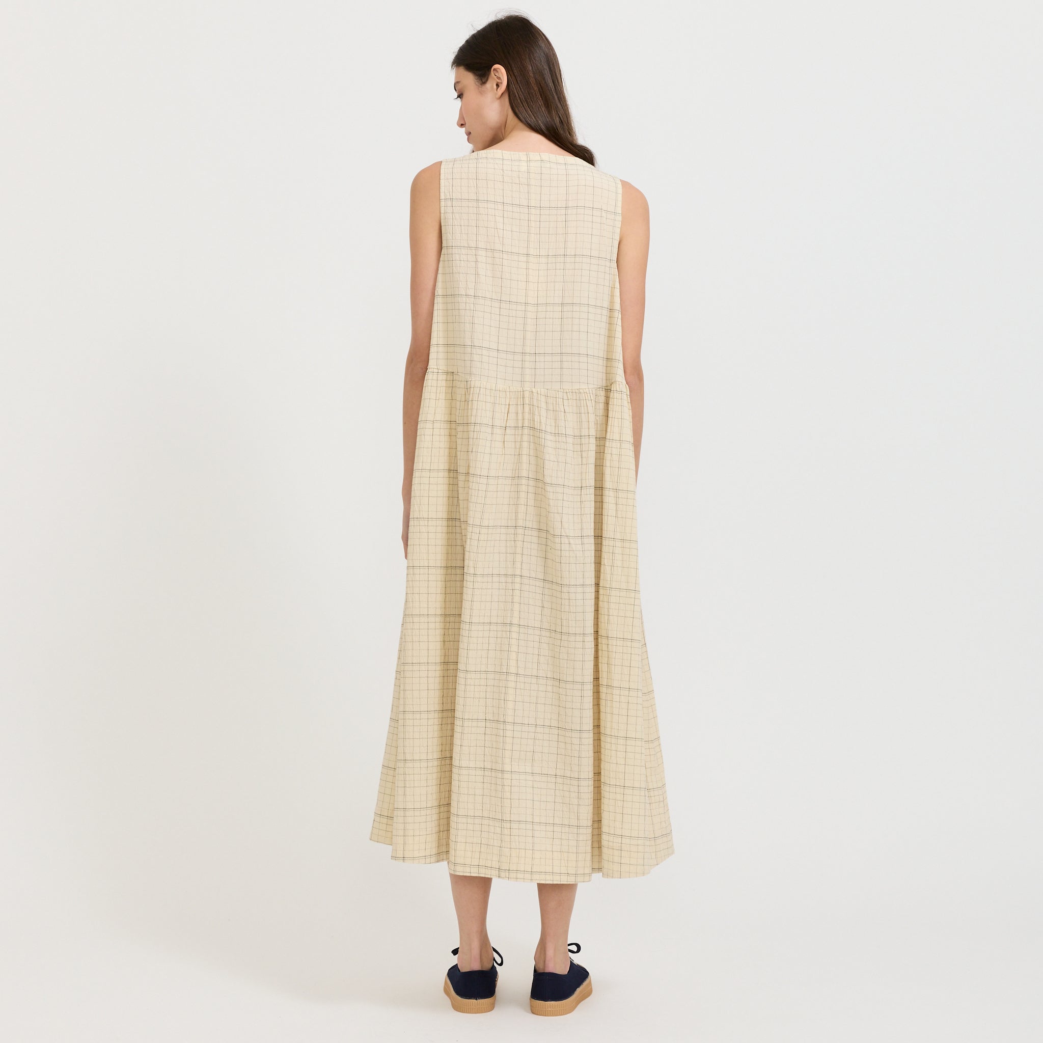 Page Check Cotton Sleeveless Dress Ecru/Black