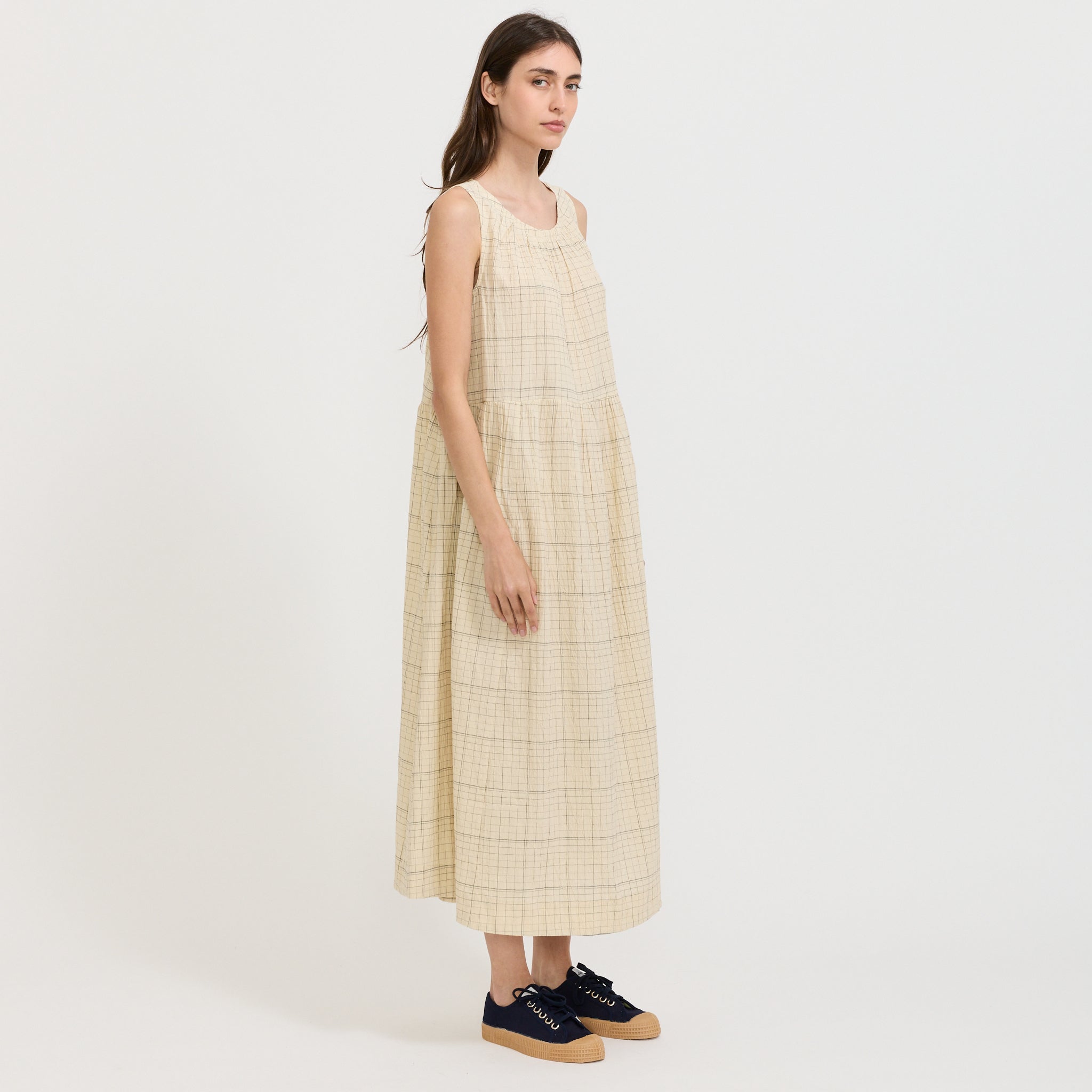 Page Check Cotton Sleeveless Dress Ecru/Black