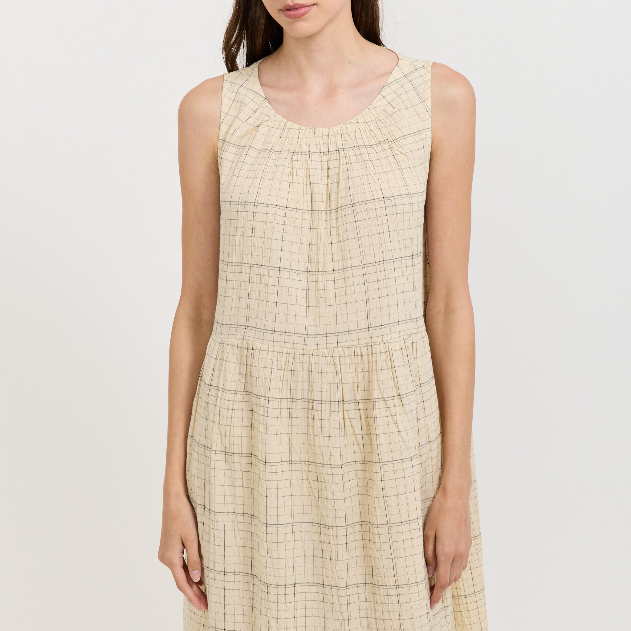 Page Check Cotton Sleeveless Dress Ecru/Black