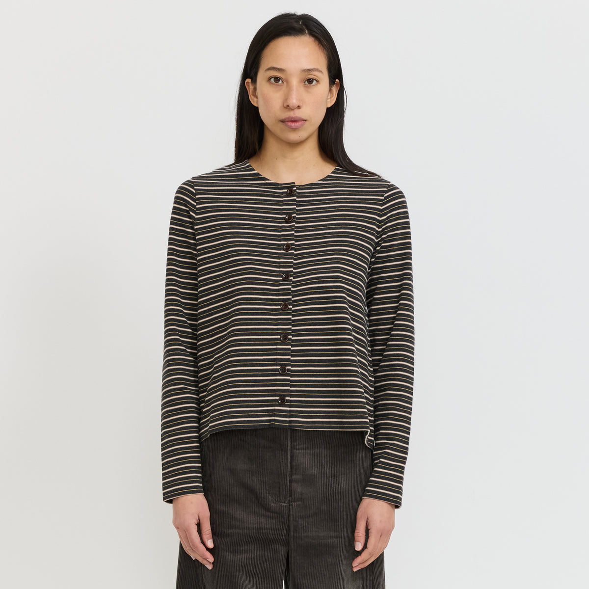 Stripe Button Through Cotton Jersey Tee Charcoal Multi