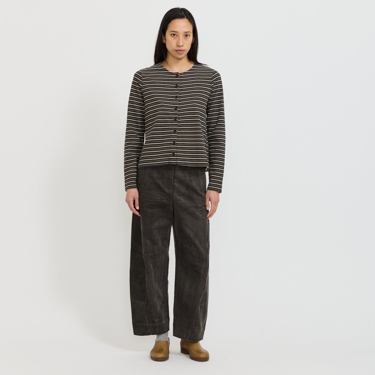 Stripe Button Through Cotton Jersey Tee Charcoal Multi
