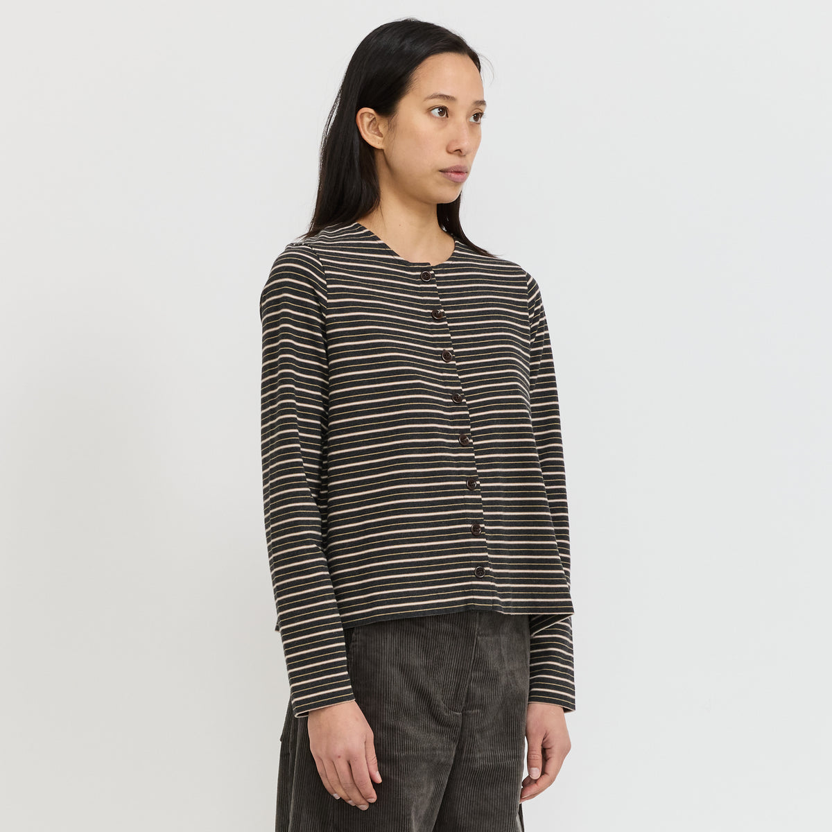 Stripe Button Through Cotton Jersey Tee Charcoal Multi