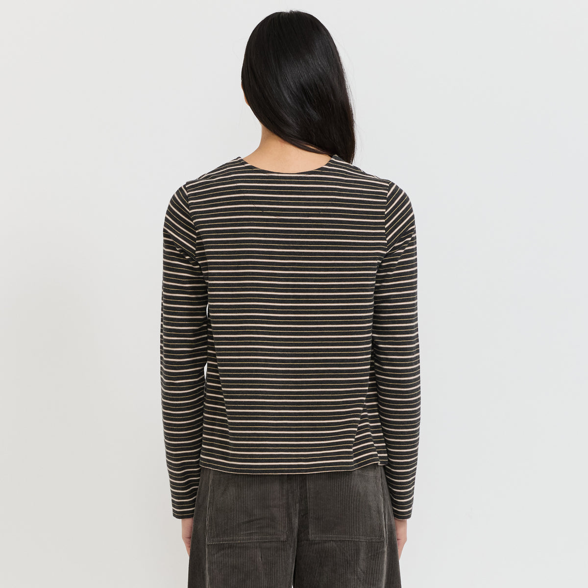Stripe Button Through Cotton Jersey Tee Charcoal Multi