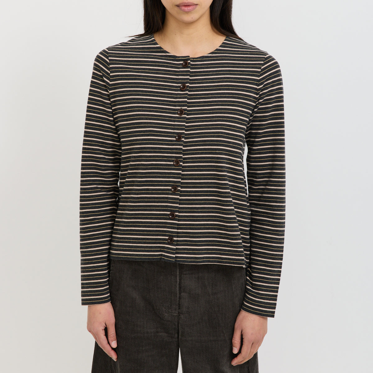 Stripe Button Through Cotton Jersey Tee Charcoal Multi