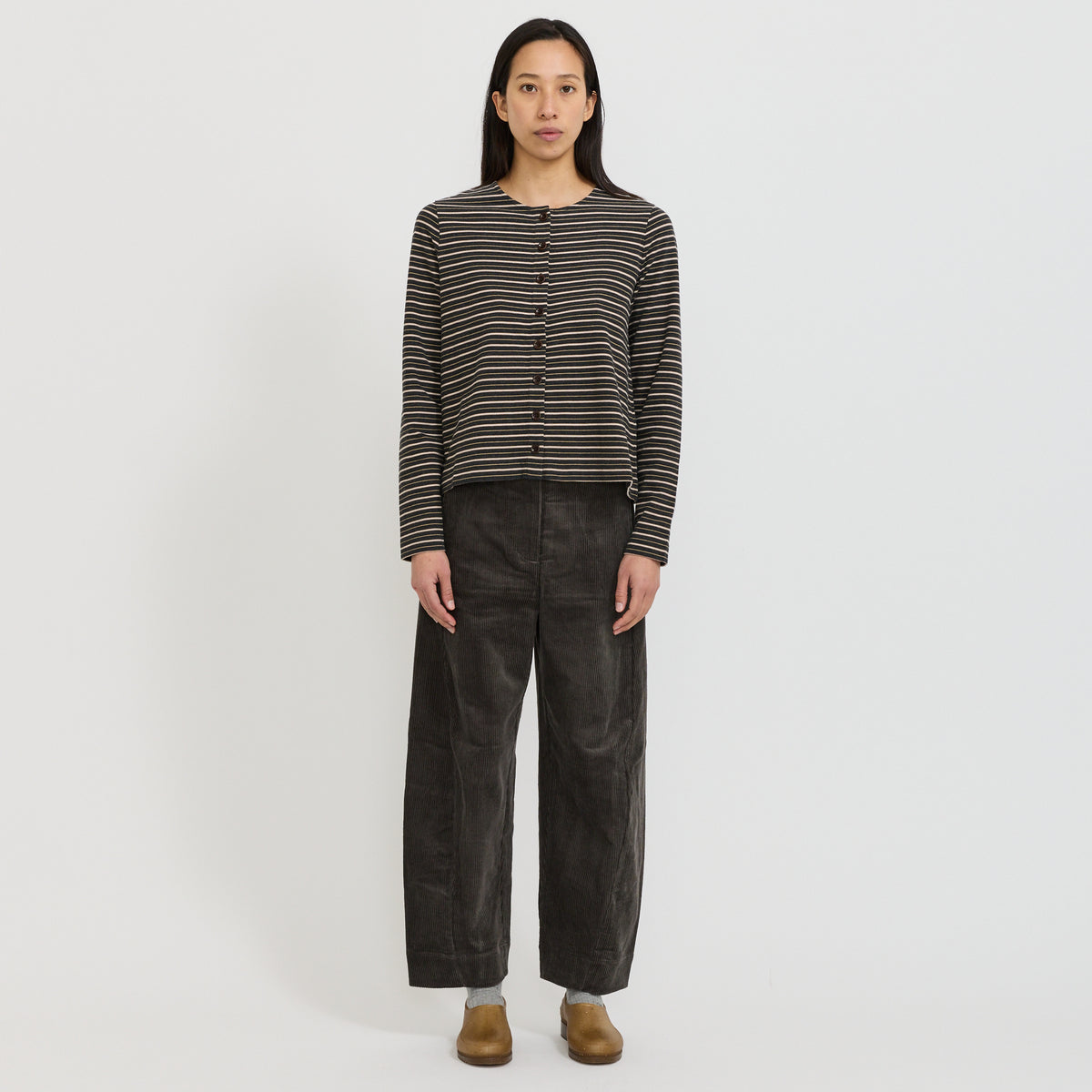 Stripe Button Through Cotton Jersey Tee Charcoal Multi