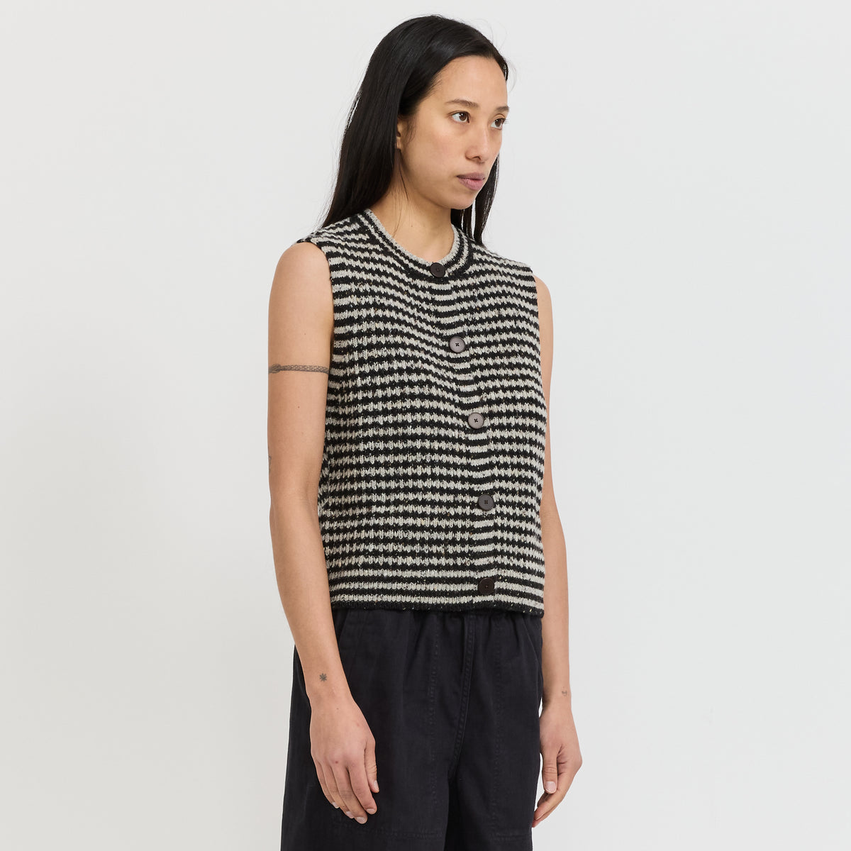 Striped Donegal Wool Buttoned Tank Flax/Charcoal