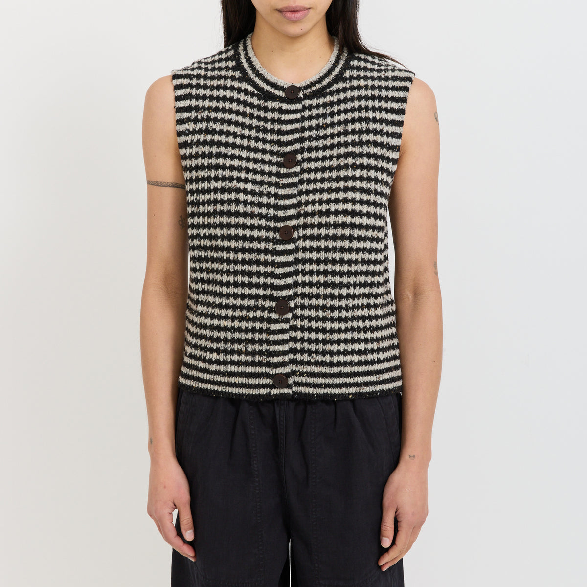 Striped Donegal Wool Buttoned Tank Flax/Charcoal