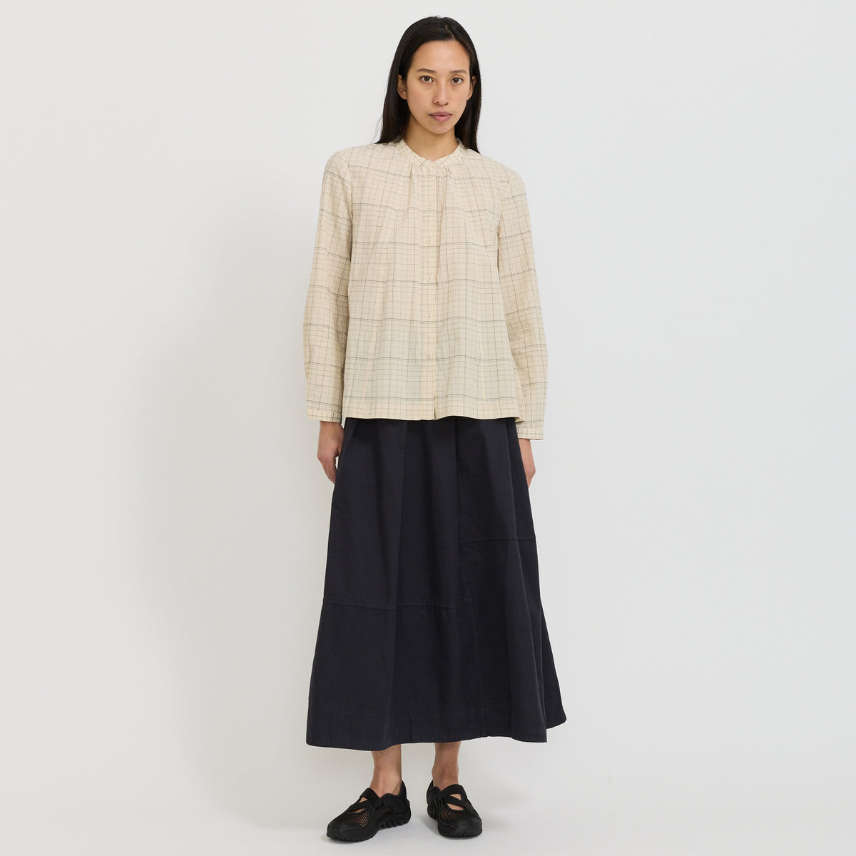 Slanted Pleat Cotton Skirt Slate