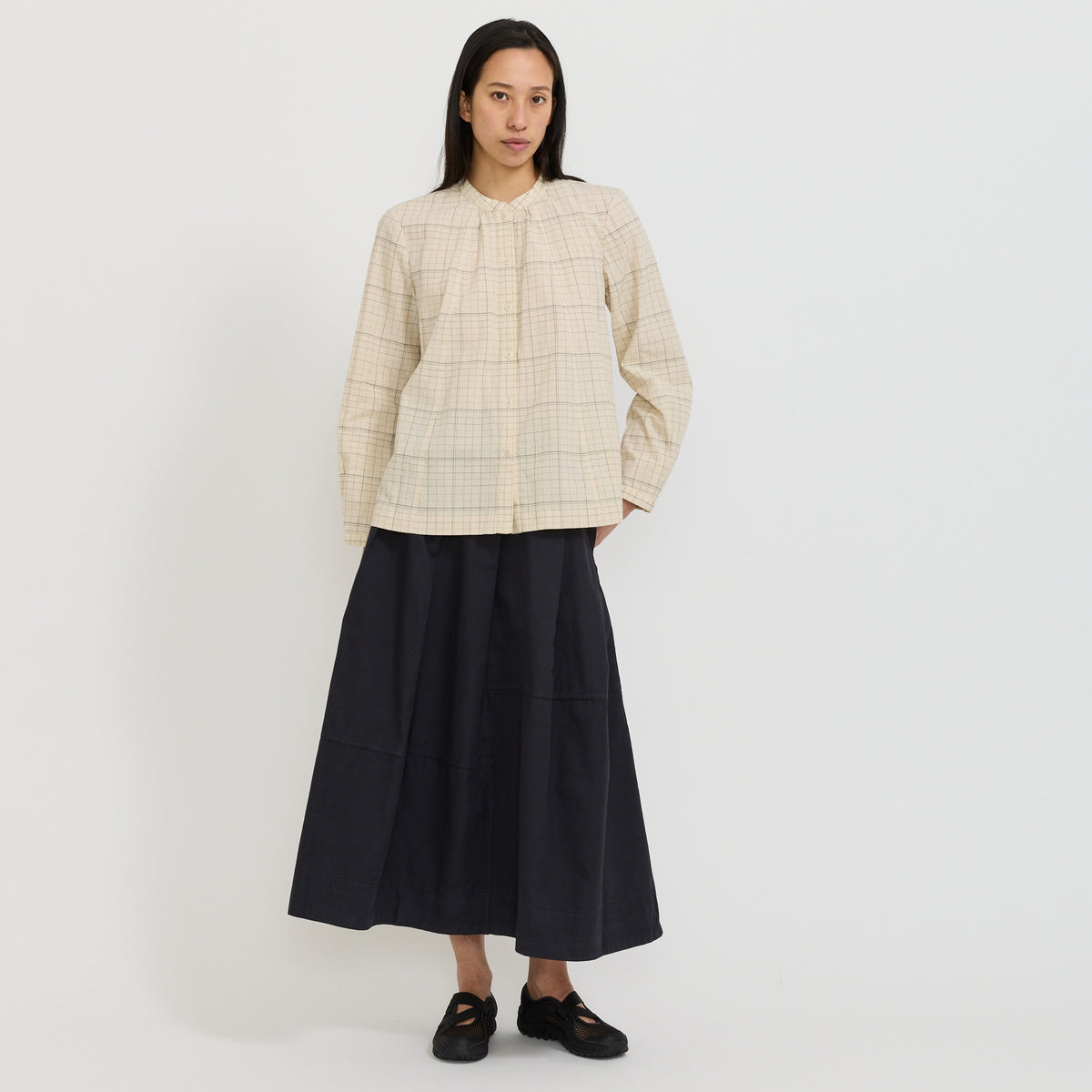 Slanted Pleat Cotton Skirt Slate