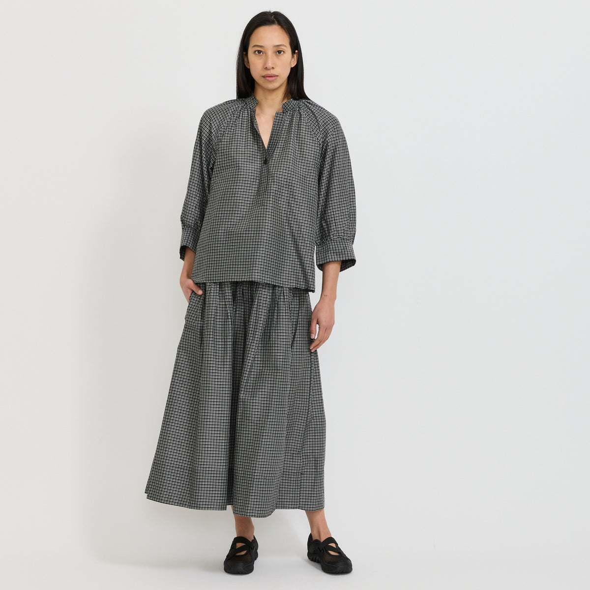 Check Cotton Silk Skirt Ecru/Soft Black