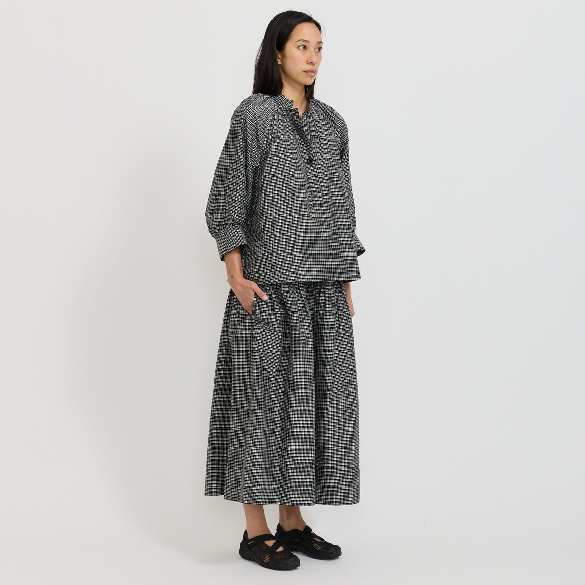 Check Cotton Silk Skirt Ecru/Soft Black