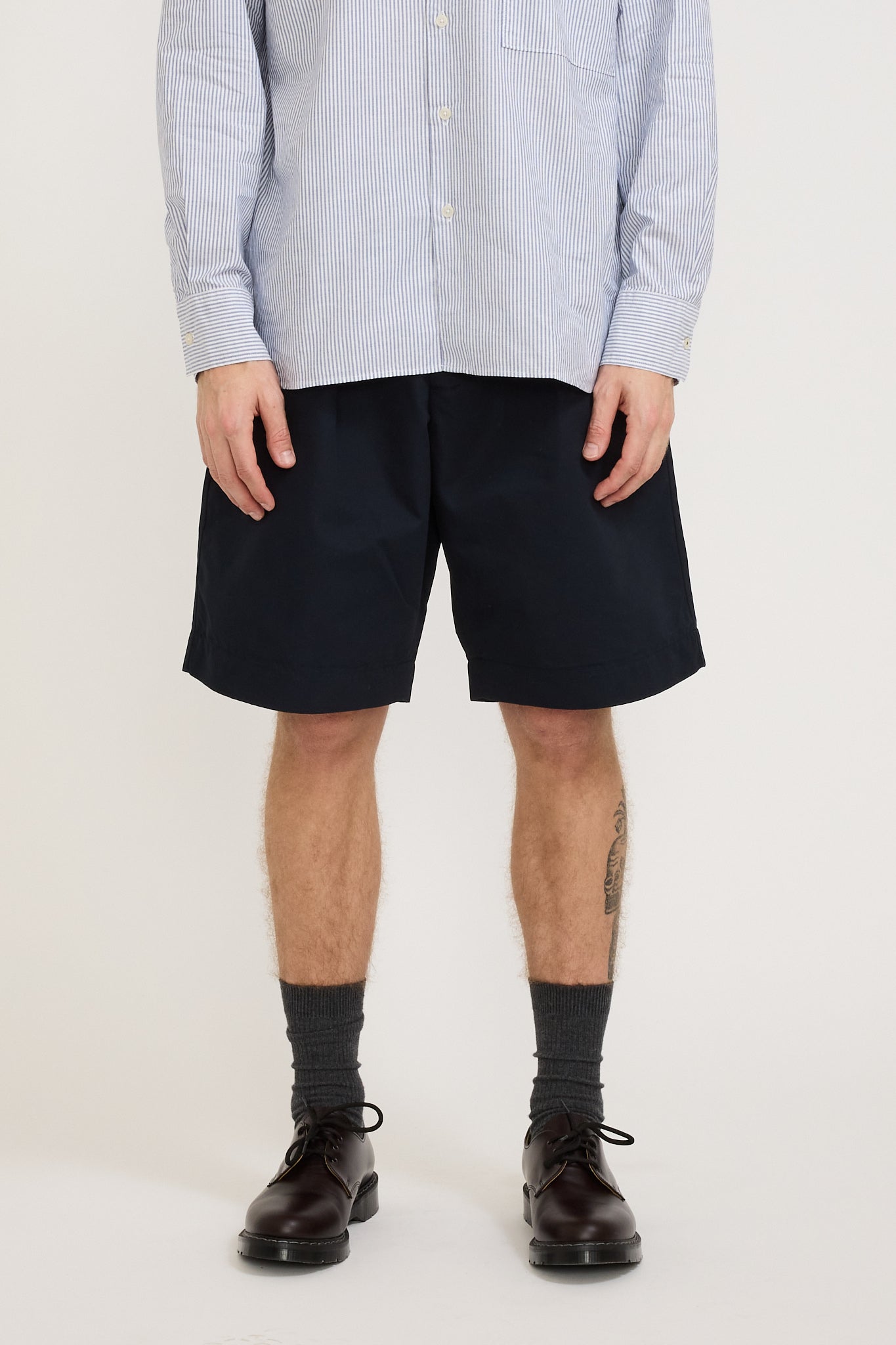 Universal Works | Pleated Track Short Brushed Polytech Navy | Maplestore