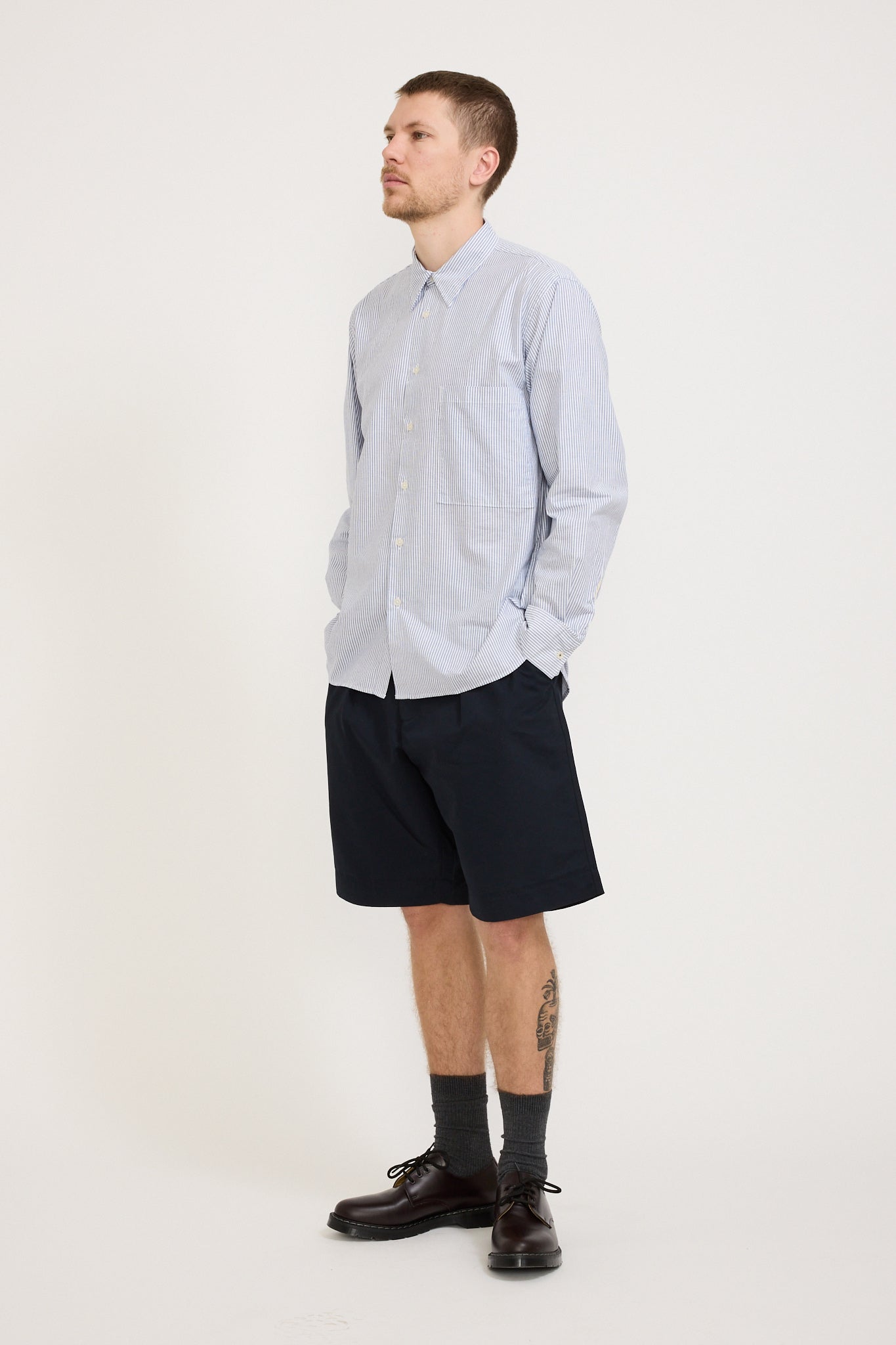 Universal Works | Pleated Track Short Brushed Polytech Navy | Maplestore