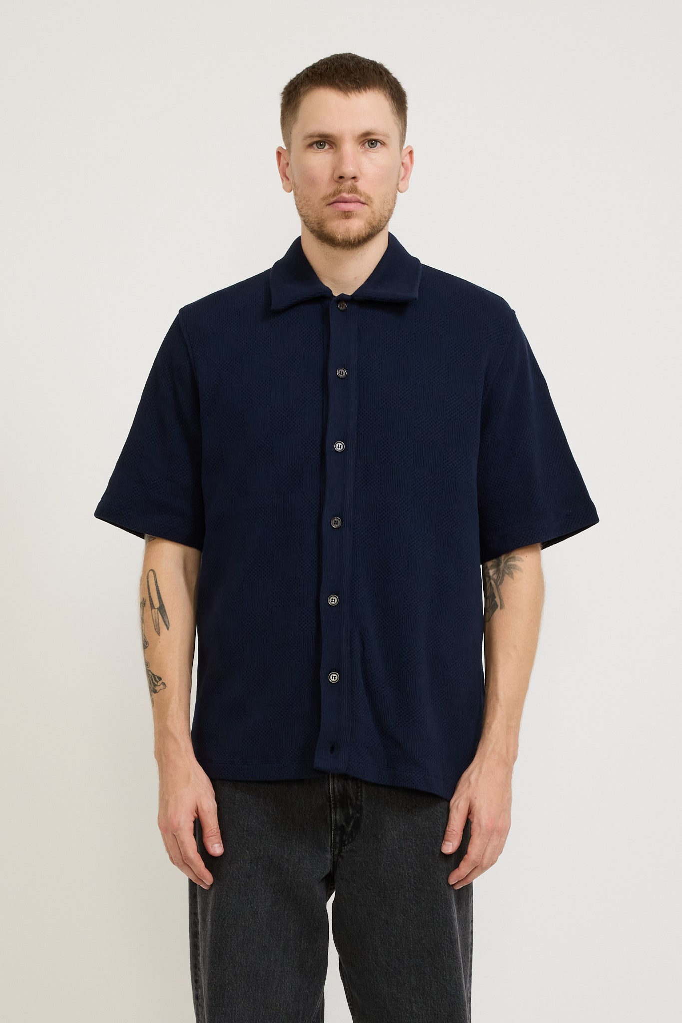 Button Through Polo Fantasy Checkerboard Bright Navy