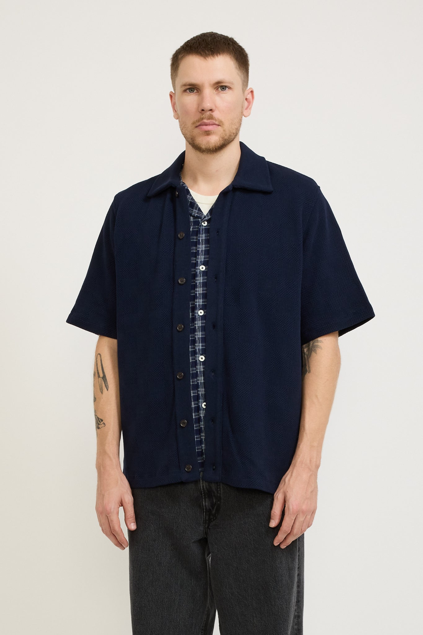 Button Through Polo Fantasy Checkerboard Bright Navy