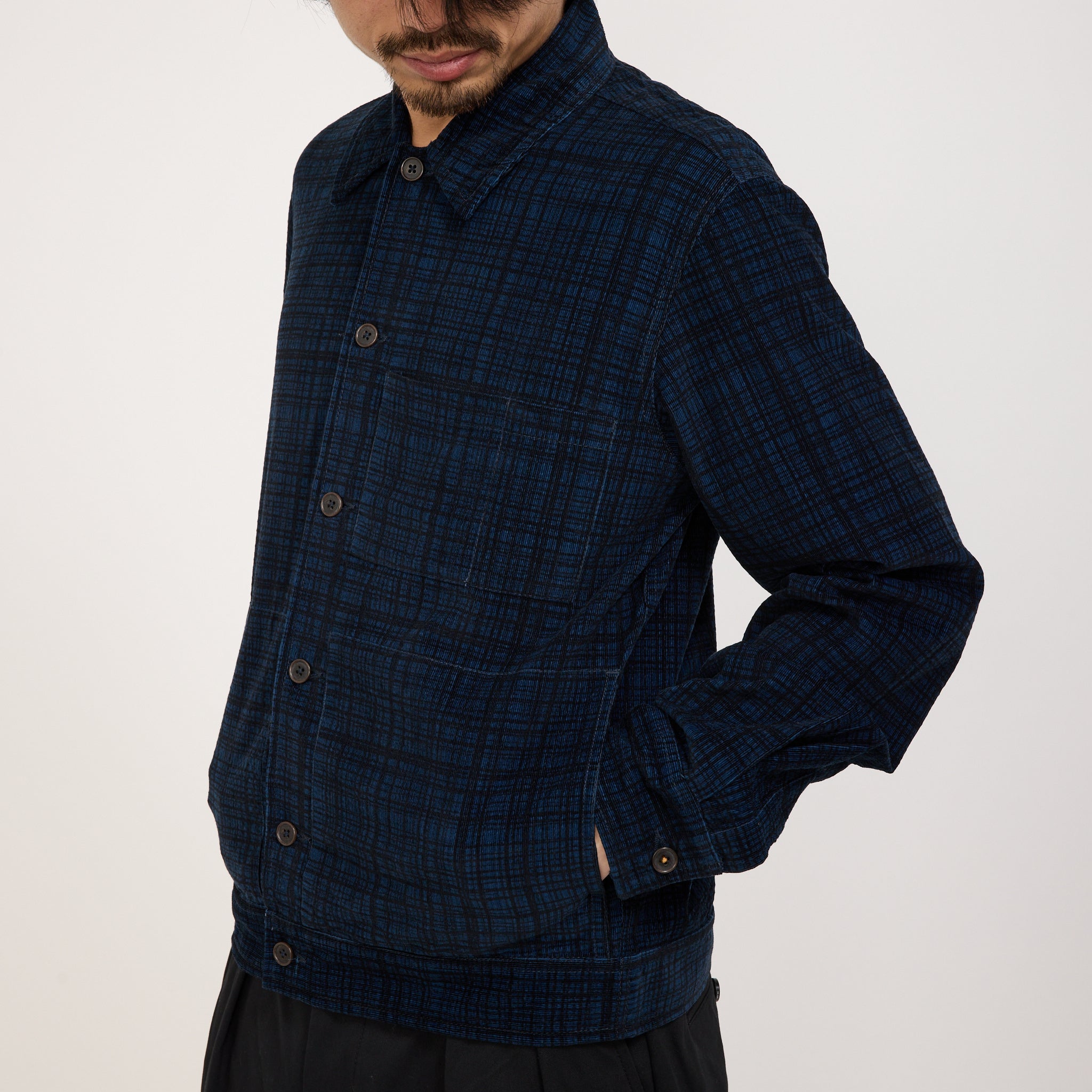 Universal Works | Uniform Jacket Cord Seersucker Navy Check | Maplestore