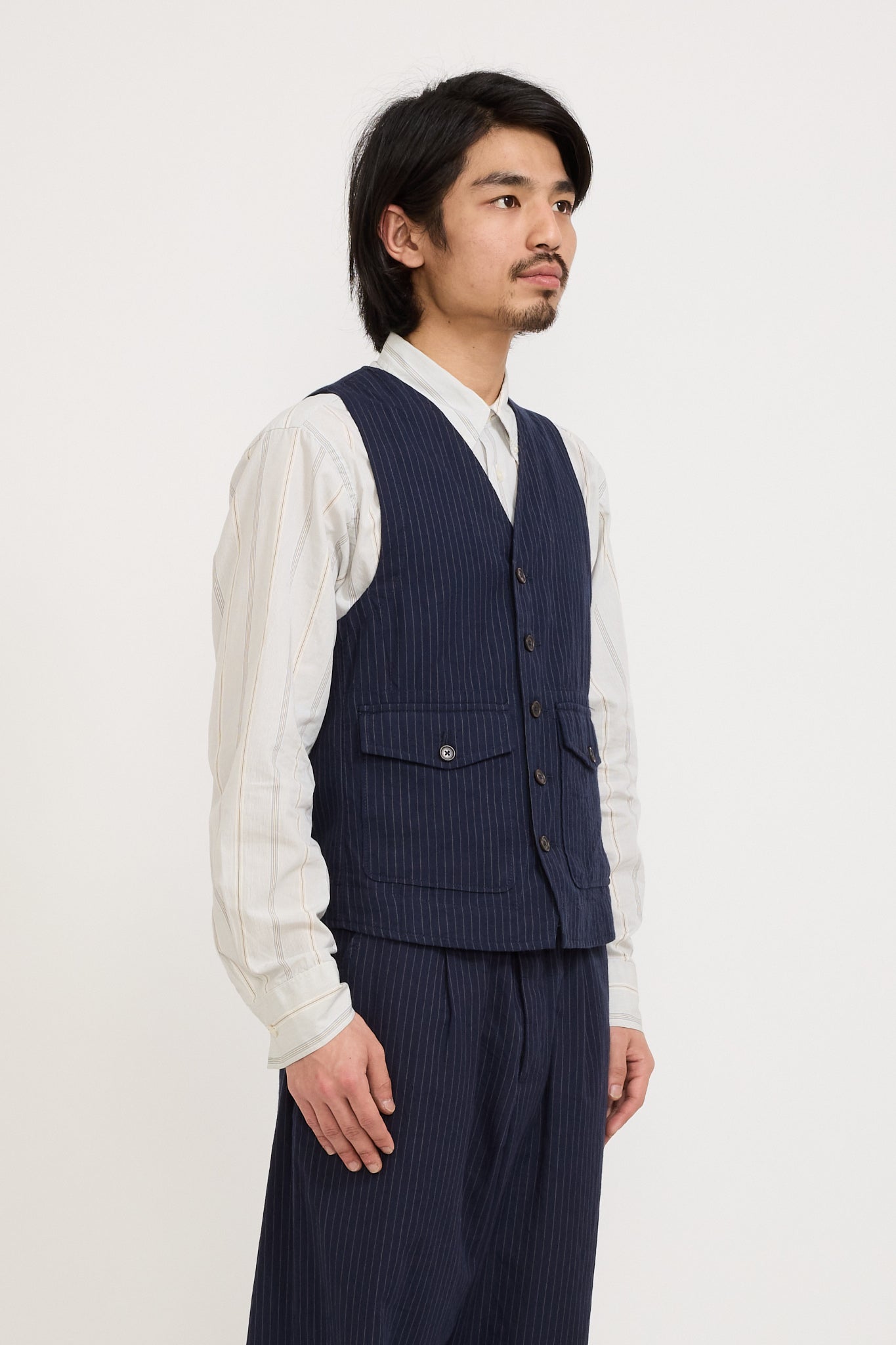 Universal Works | Field Waistcoat Cotton Pinstripe Navy | Maplestore