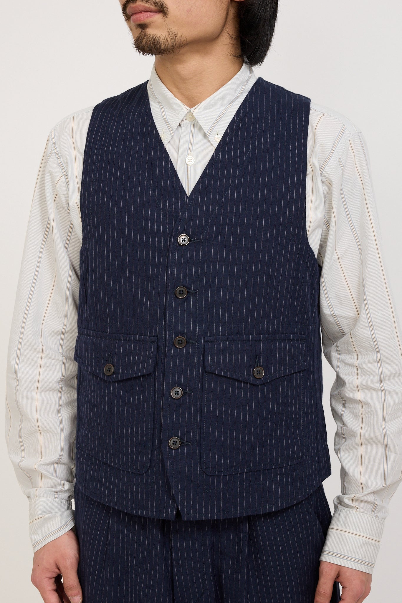 Universal Works | Field Waistcoat Cotton Pinstripe Navy | Maplestore