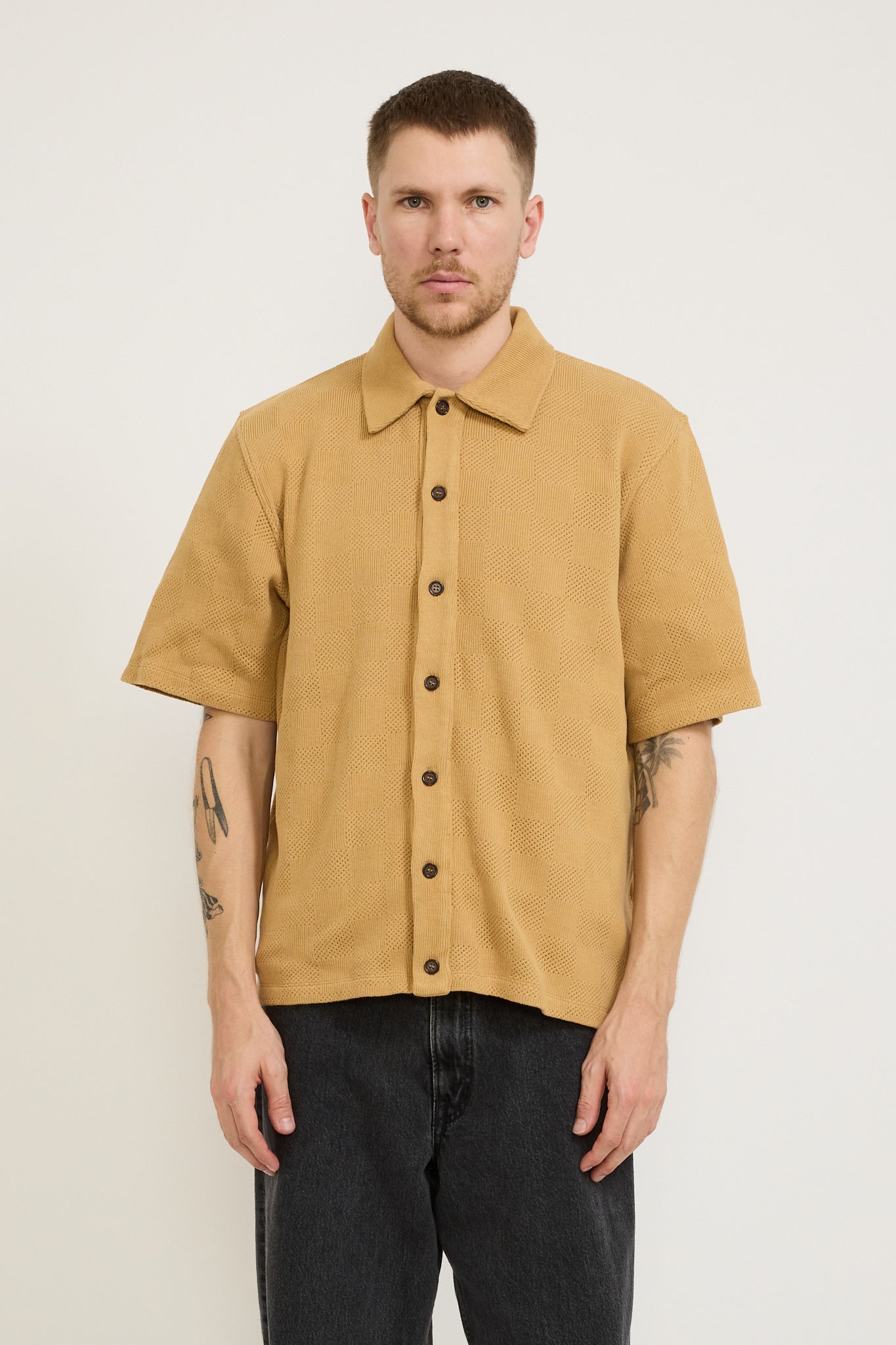 Button Through Polo Fantasy Checkerboard Sand