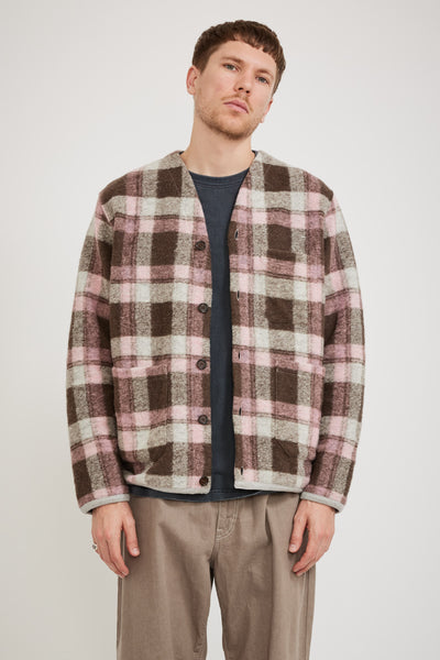 Universal Works | Wool Fleece Cardigan Pink Check | Maplestore